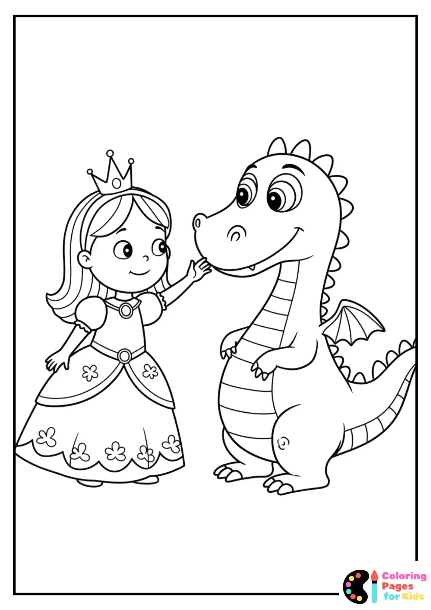 princess with dragon friend coloring sheet