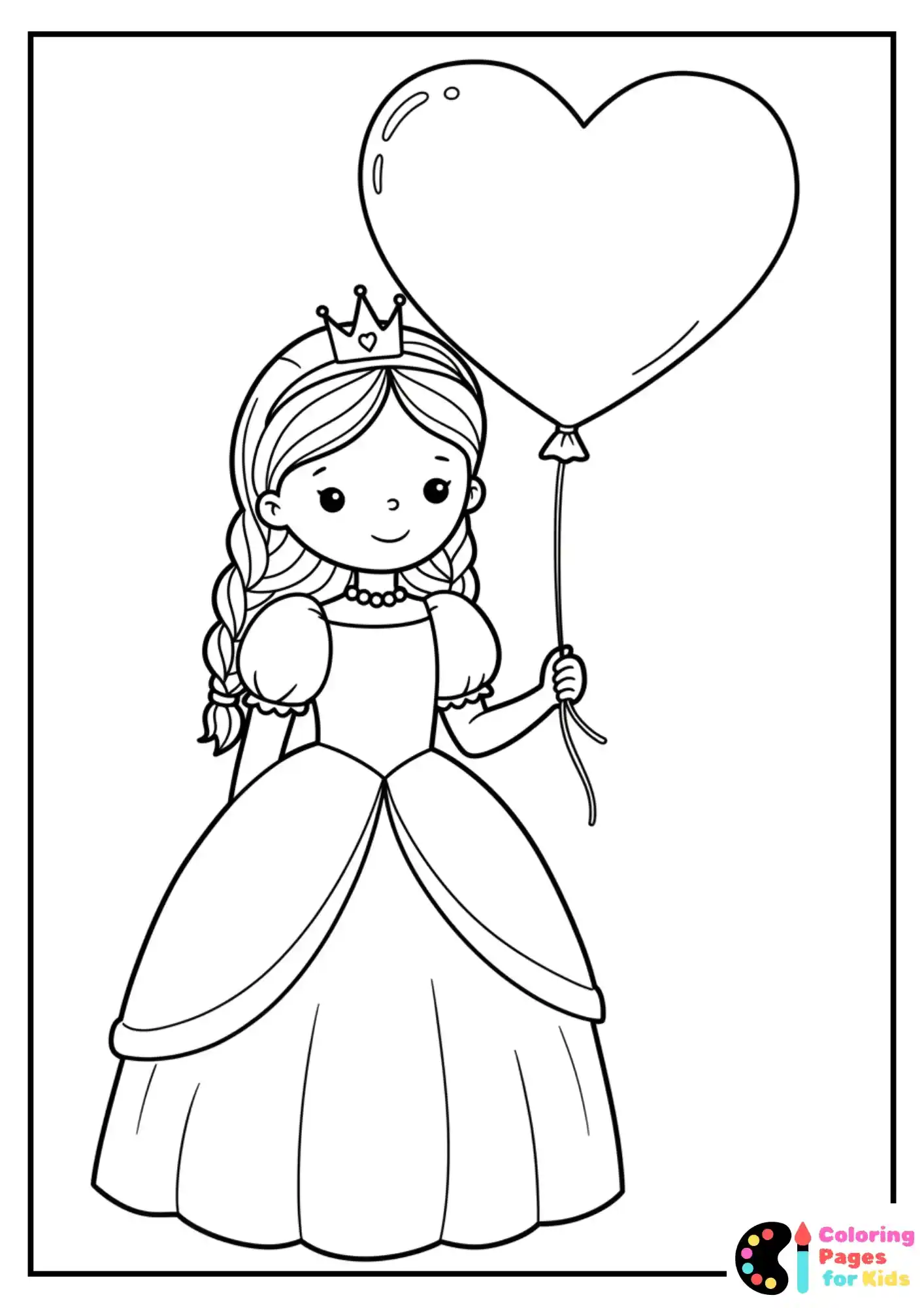 princess with heart balloon coloring sheet