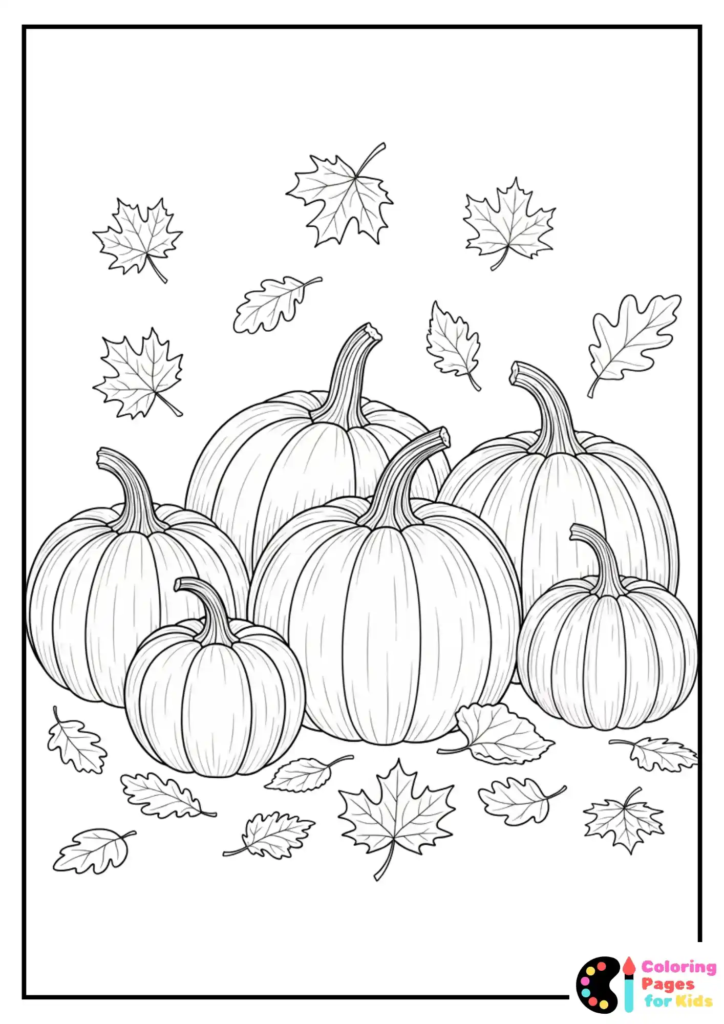 pumpkins with autumn leaves coloring page