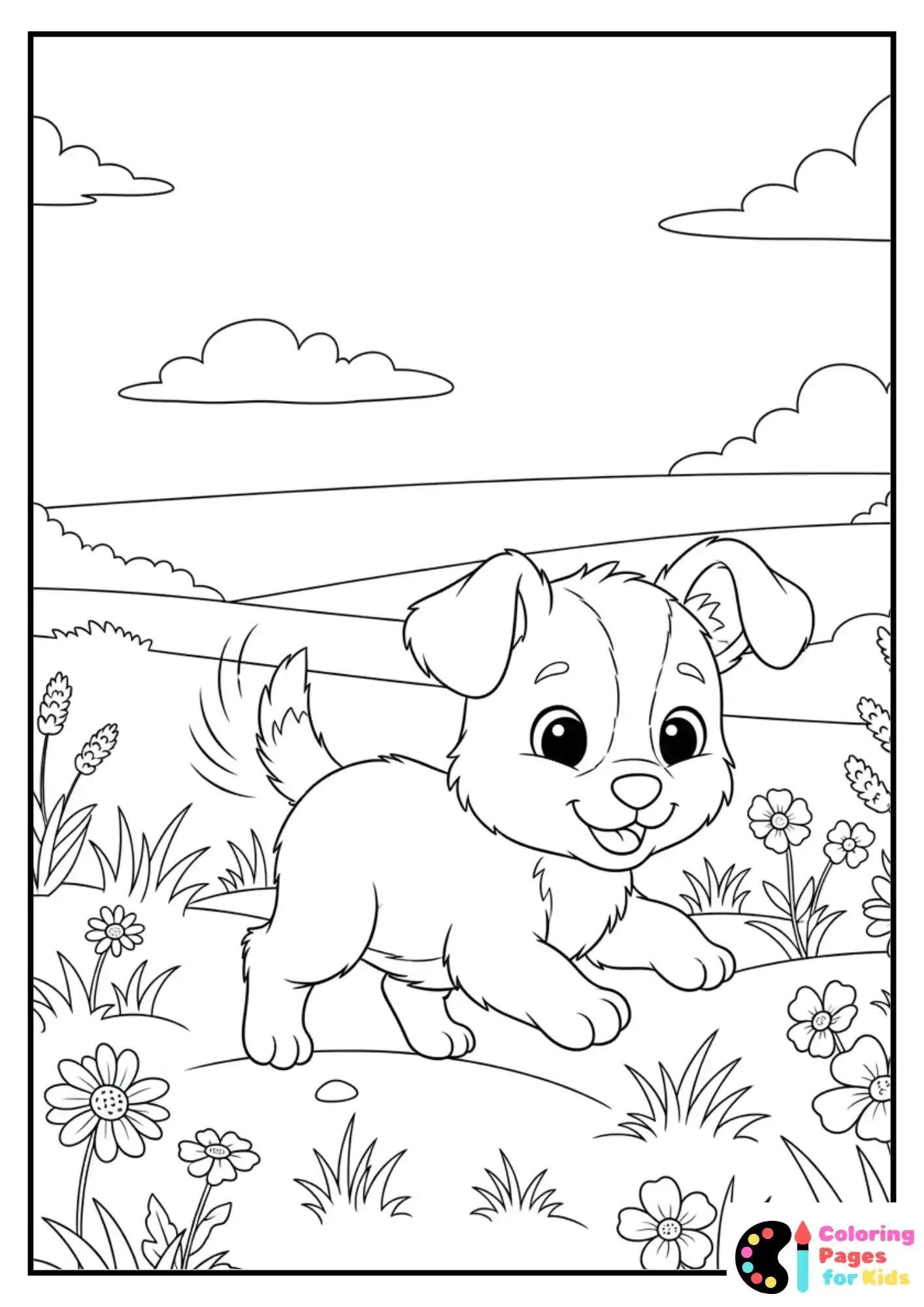 puppy playing in field coloring sheet