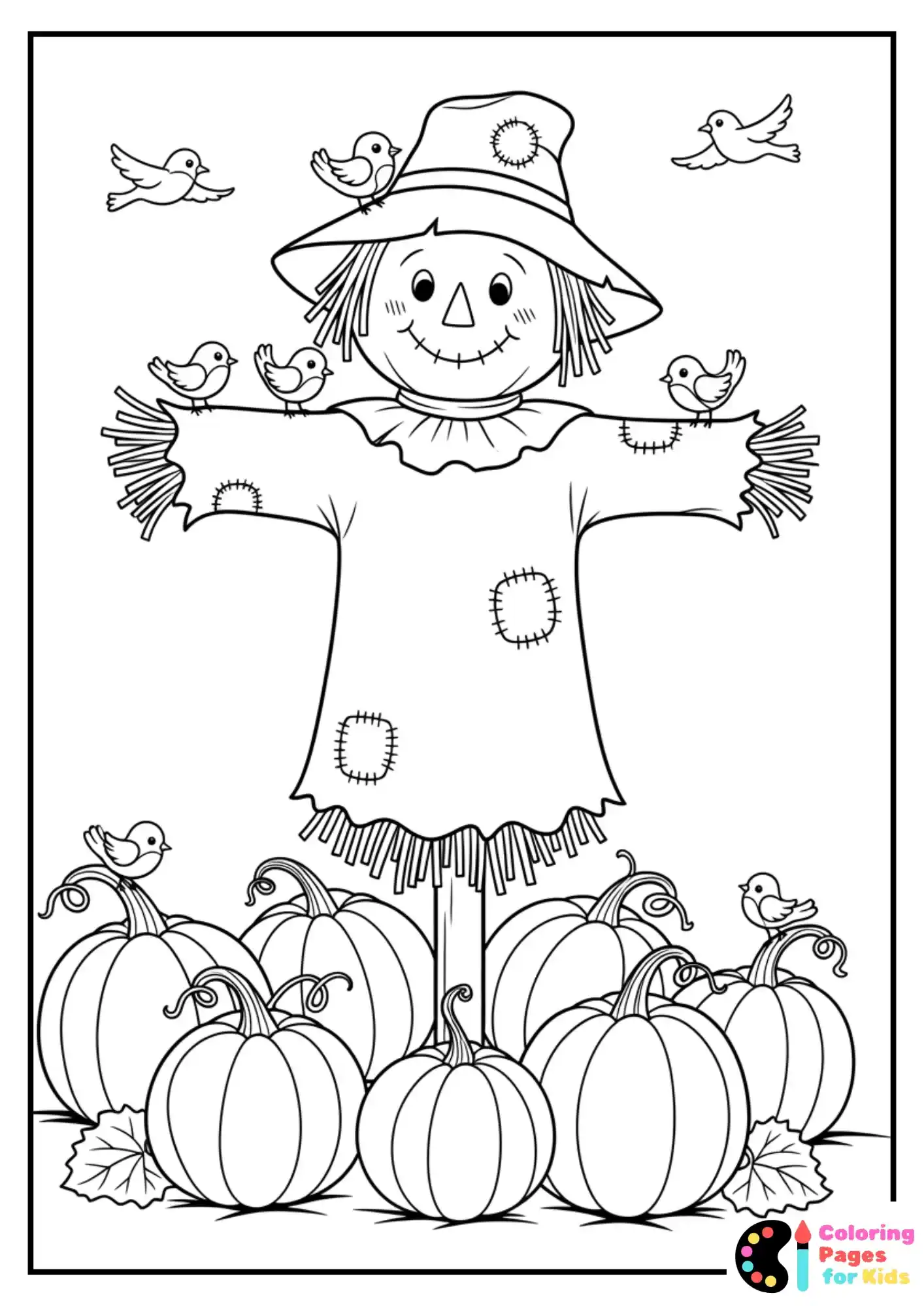 scarecrow in pumpkin patch coloring page