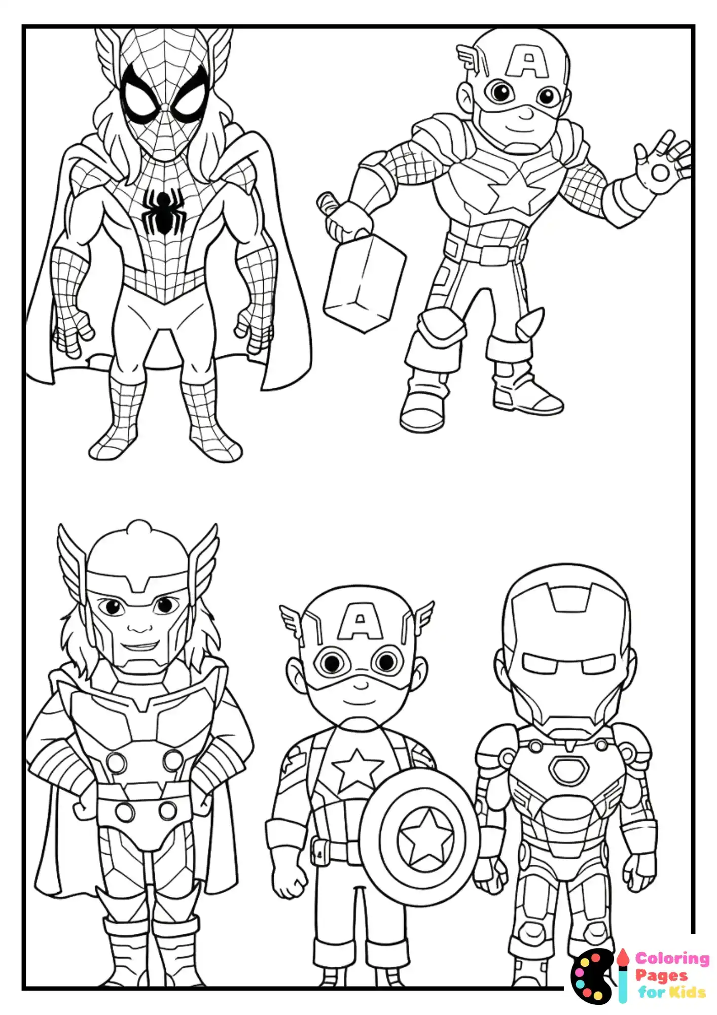spider-man with thor, captain america, and iron man coloring page