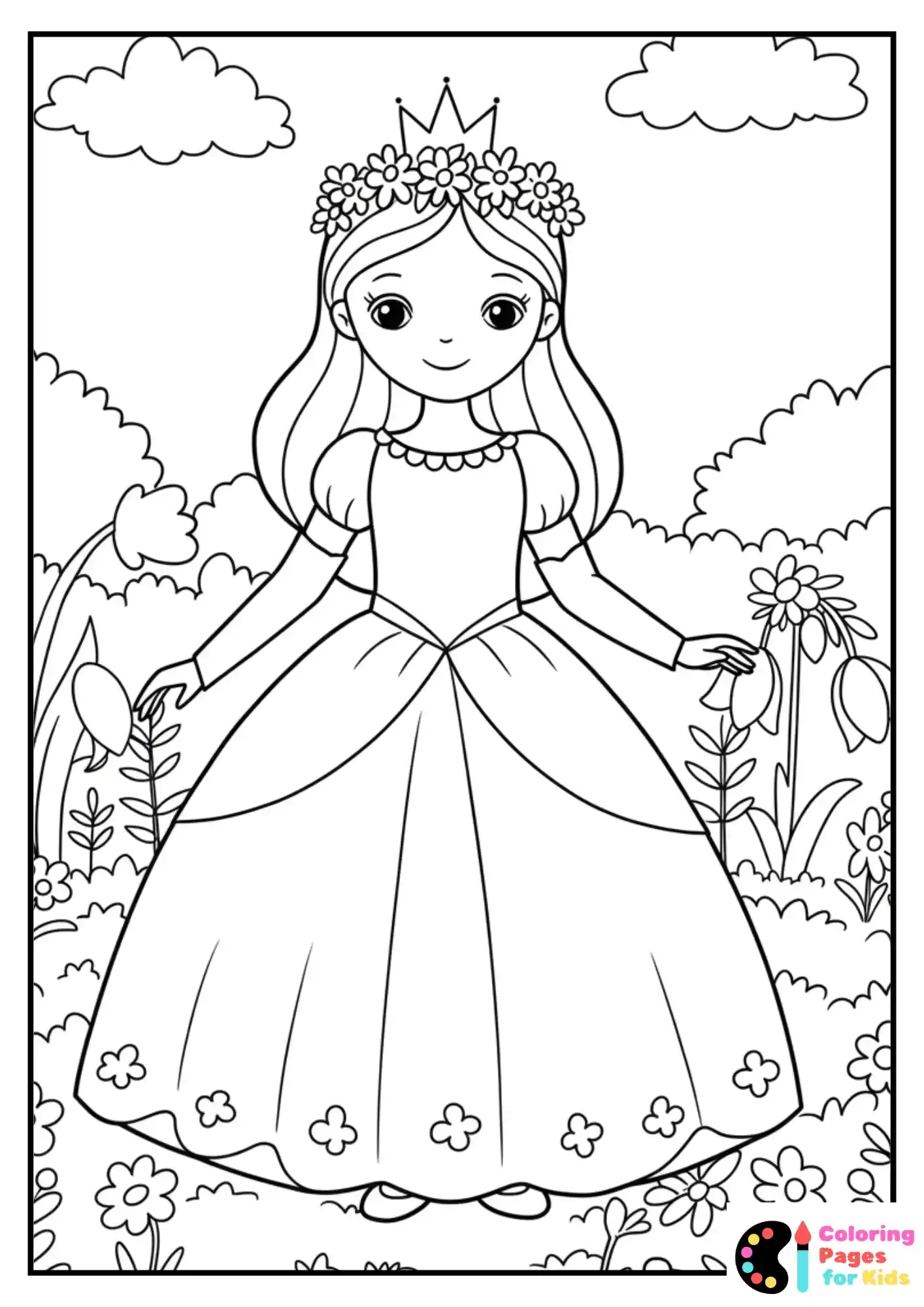 spring princess with floral crown coloring page