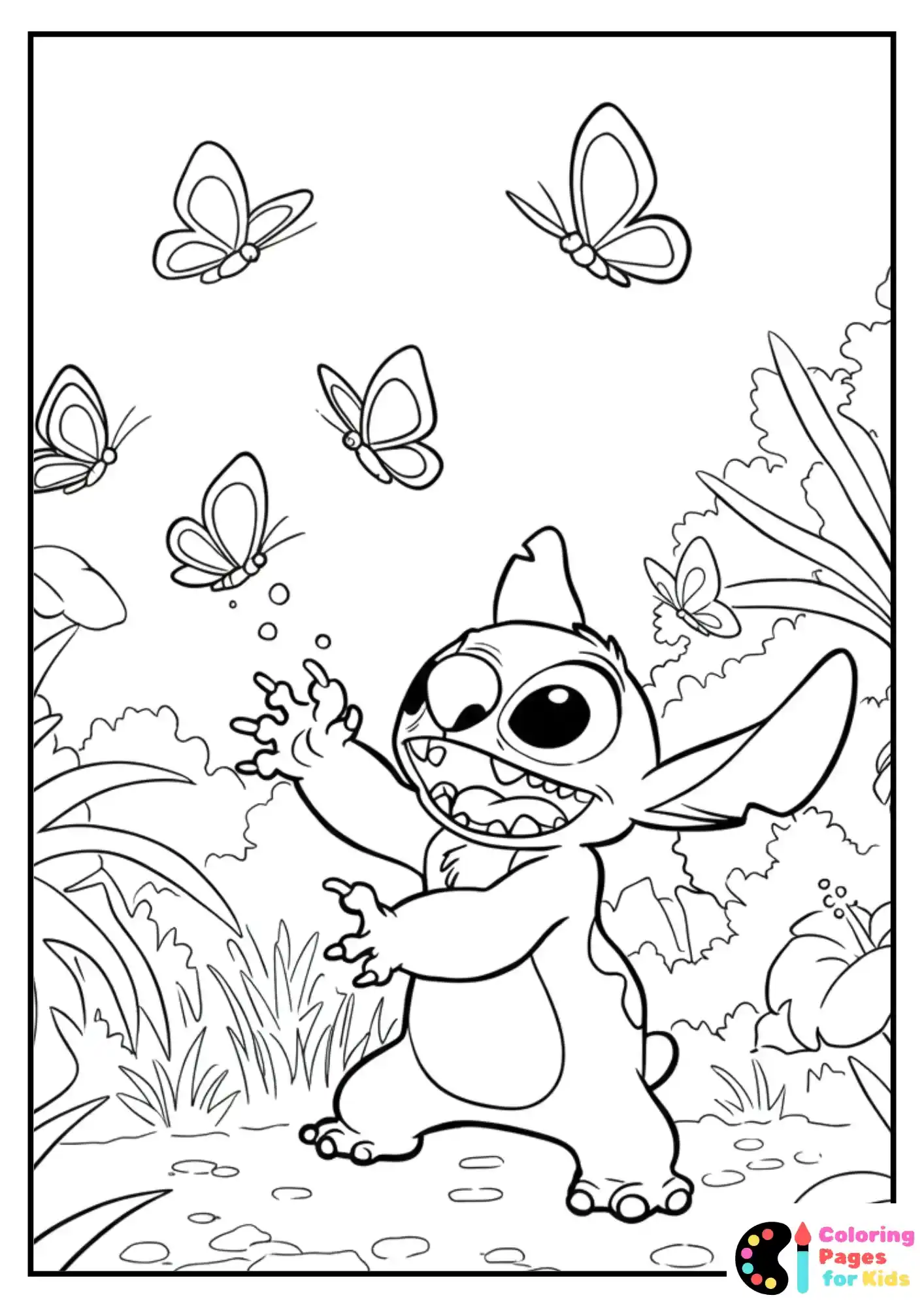 stitch catching butterflies coloring sheet