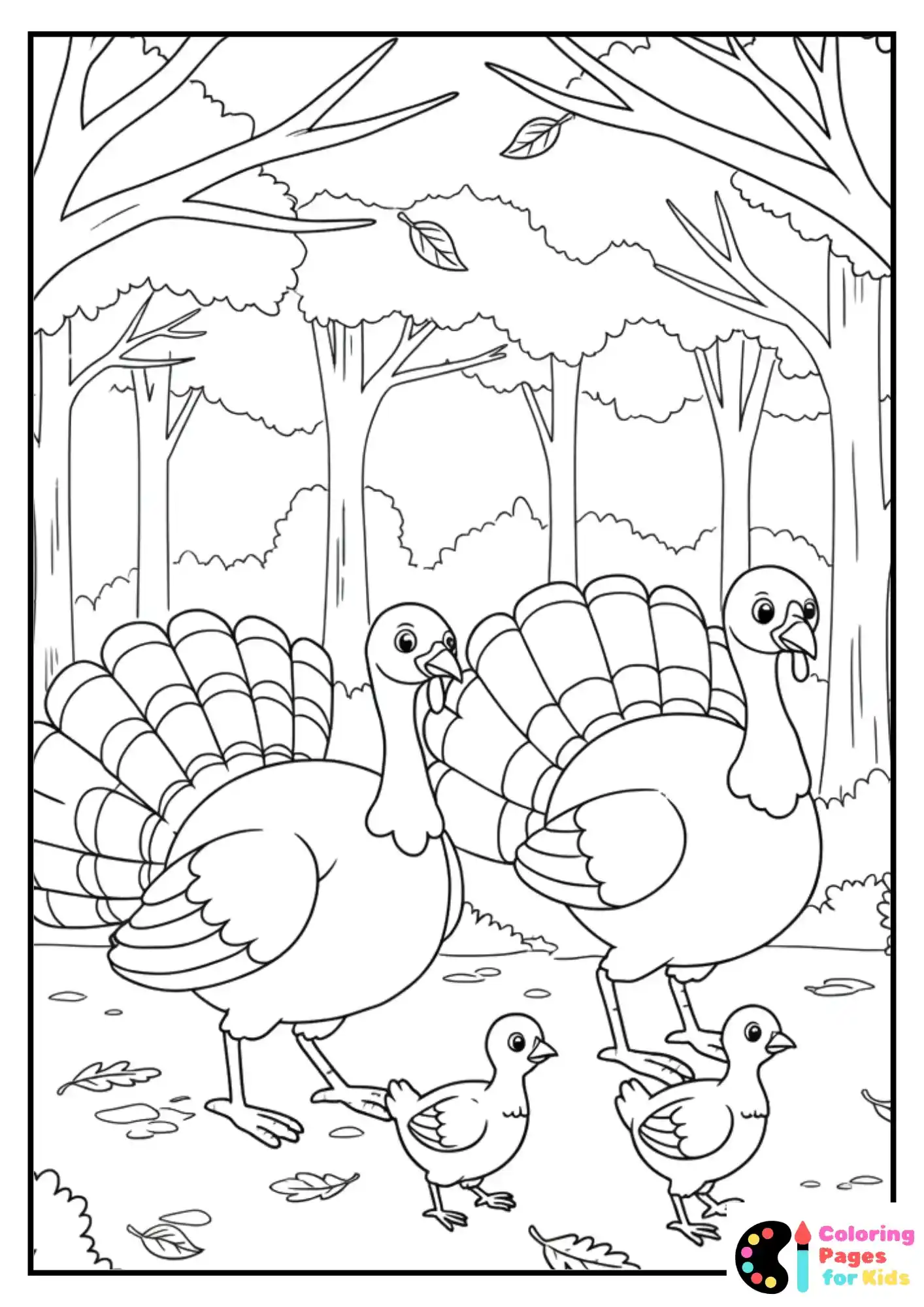 turkey family in forest coloring page