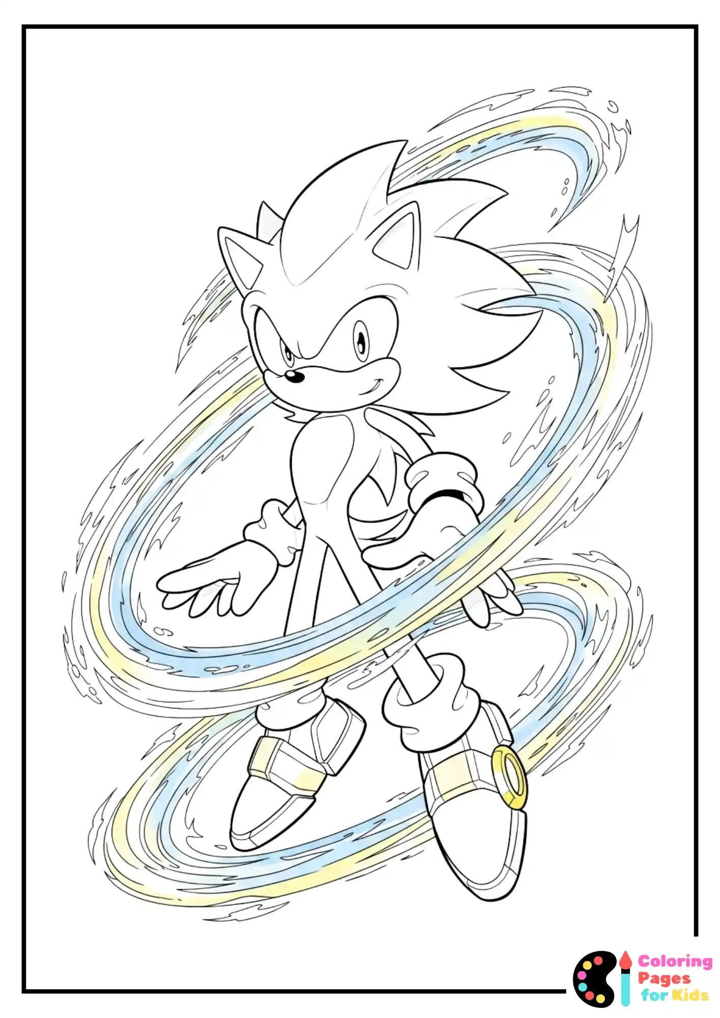 Hyper Sonic dancing in a swirl of rainbow energy coloring page