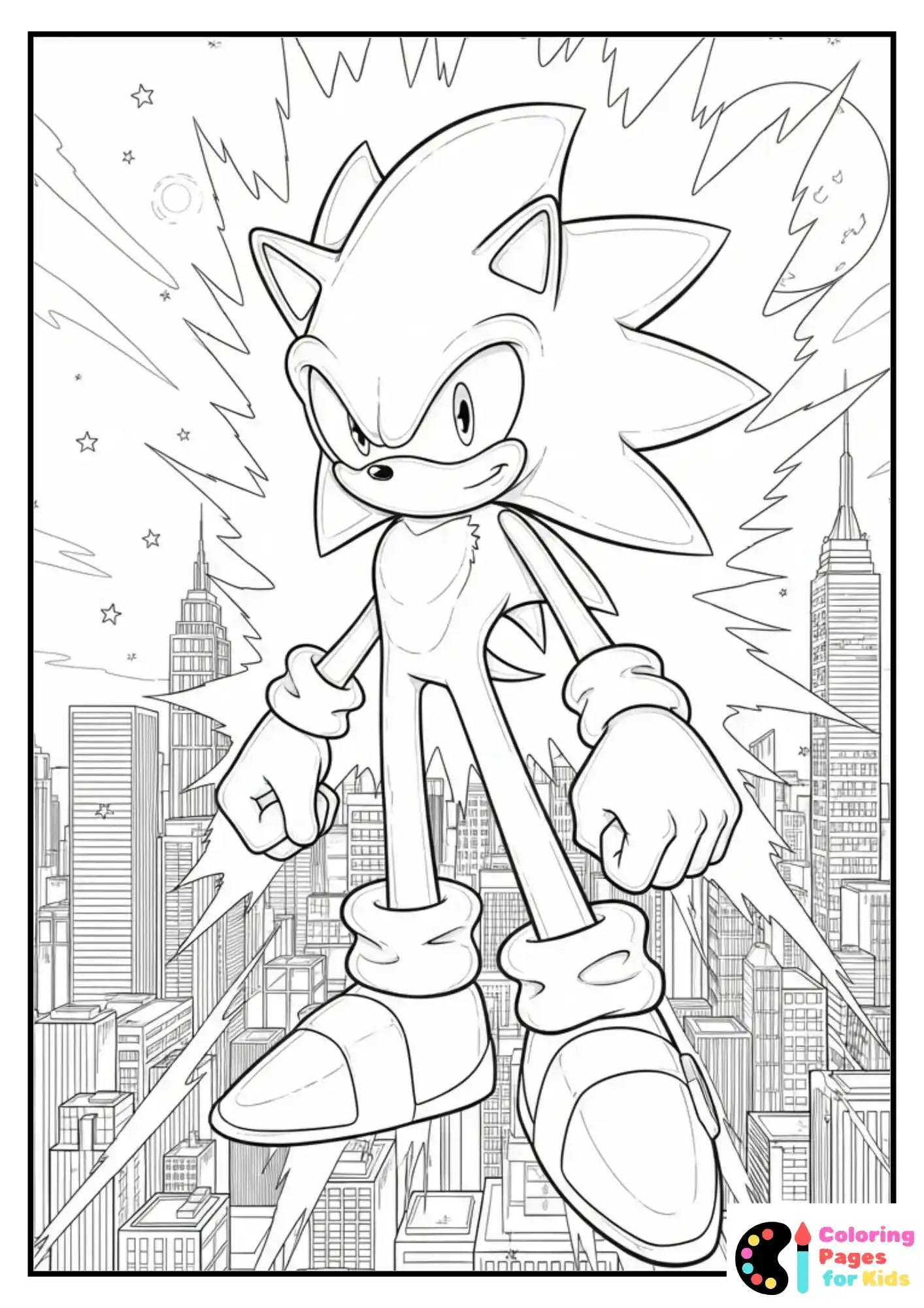 Hyper Sonic standing above a city skyline at night, aura bright