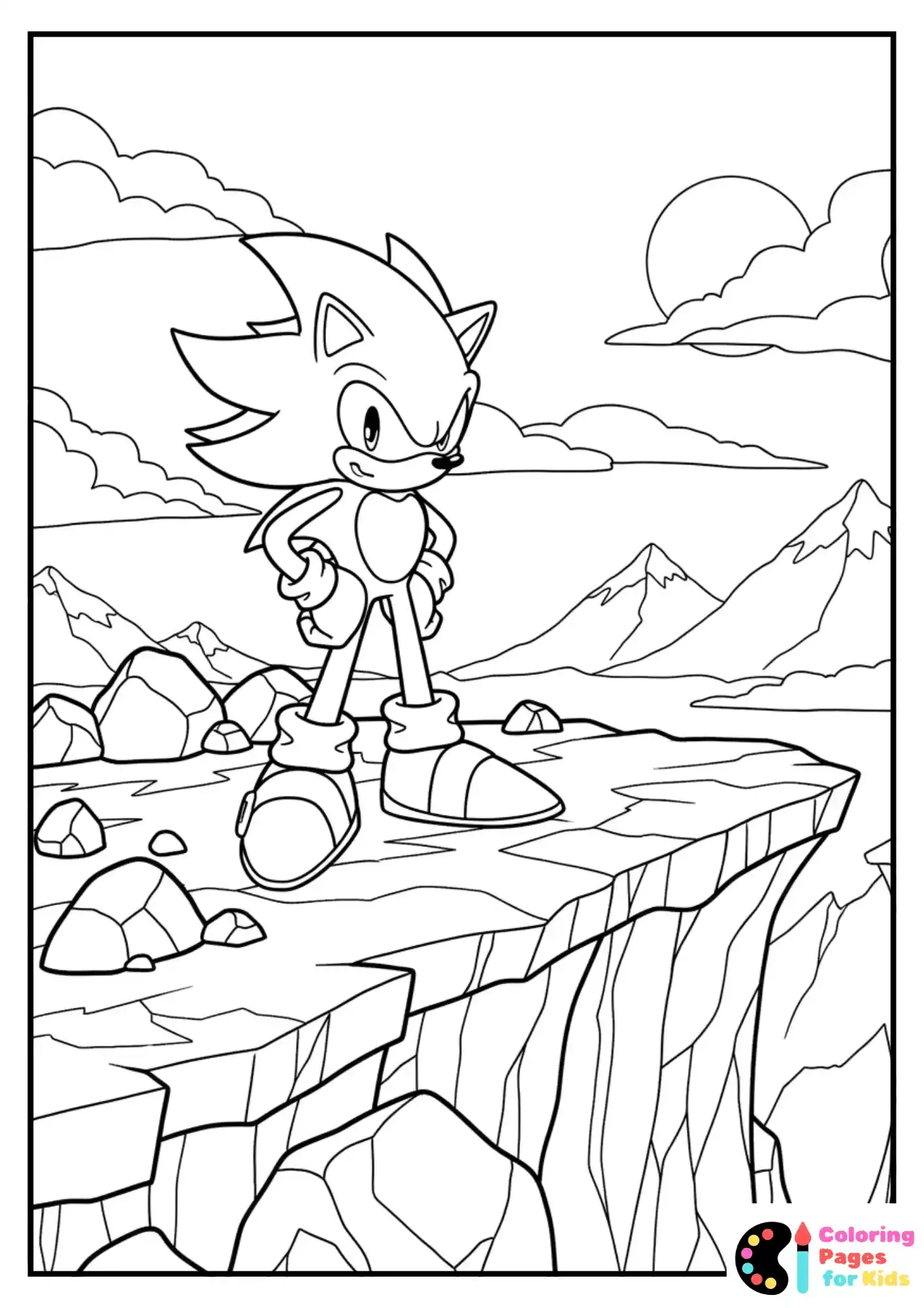 Hyper Sonic standing heroically on a rocky cliff