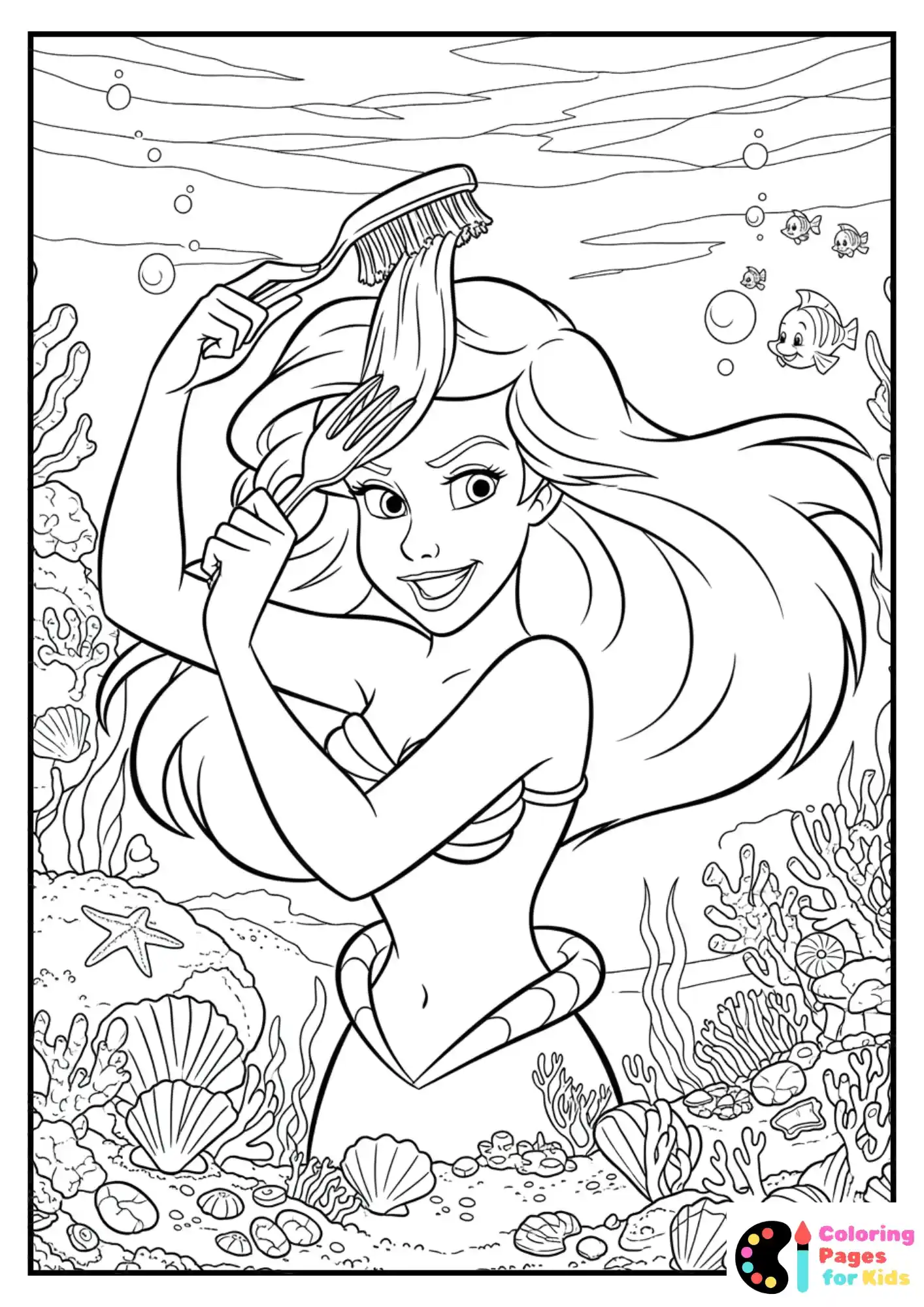 ariel brushing hair with fork coloring page