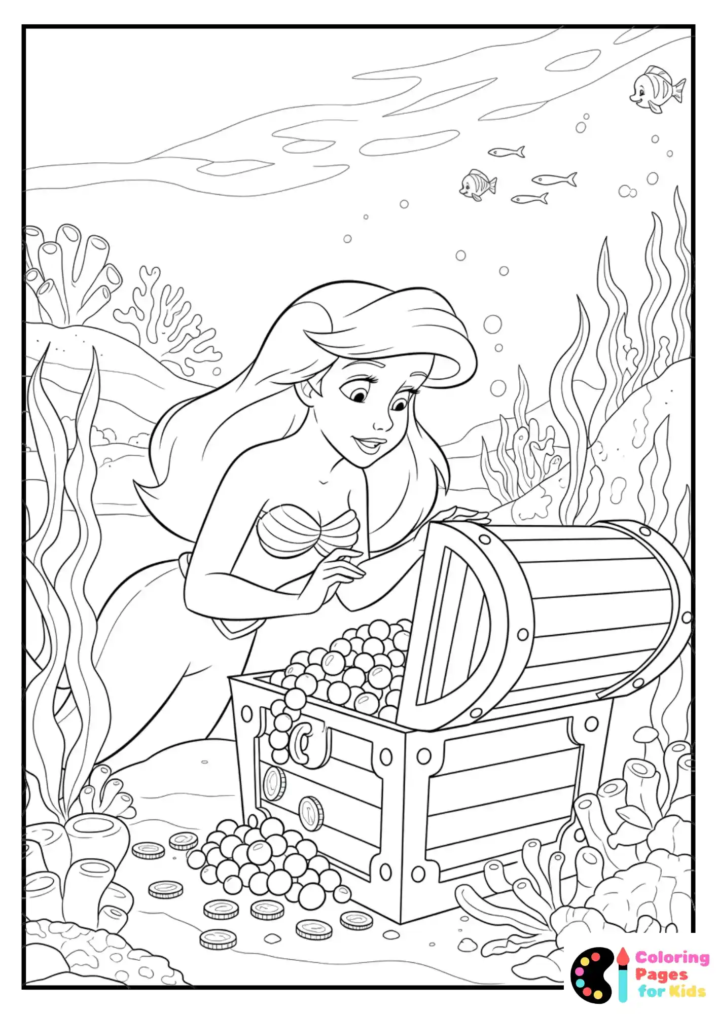 ariel exploring underwater treasure chest coloring page
