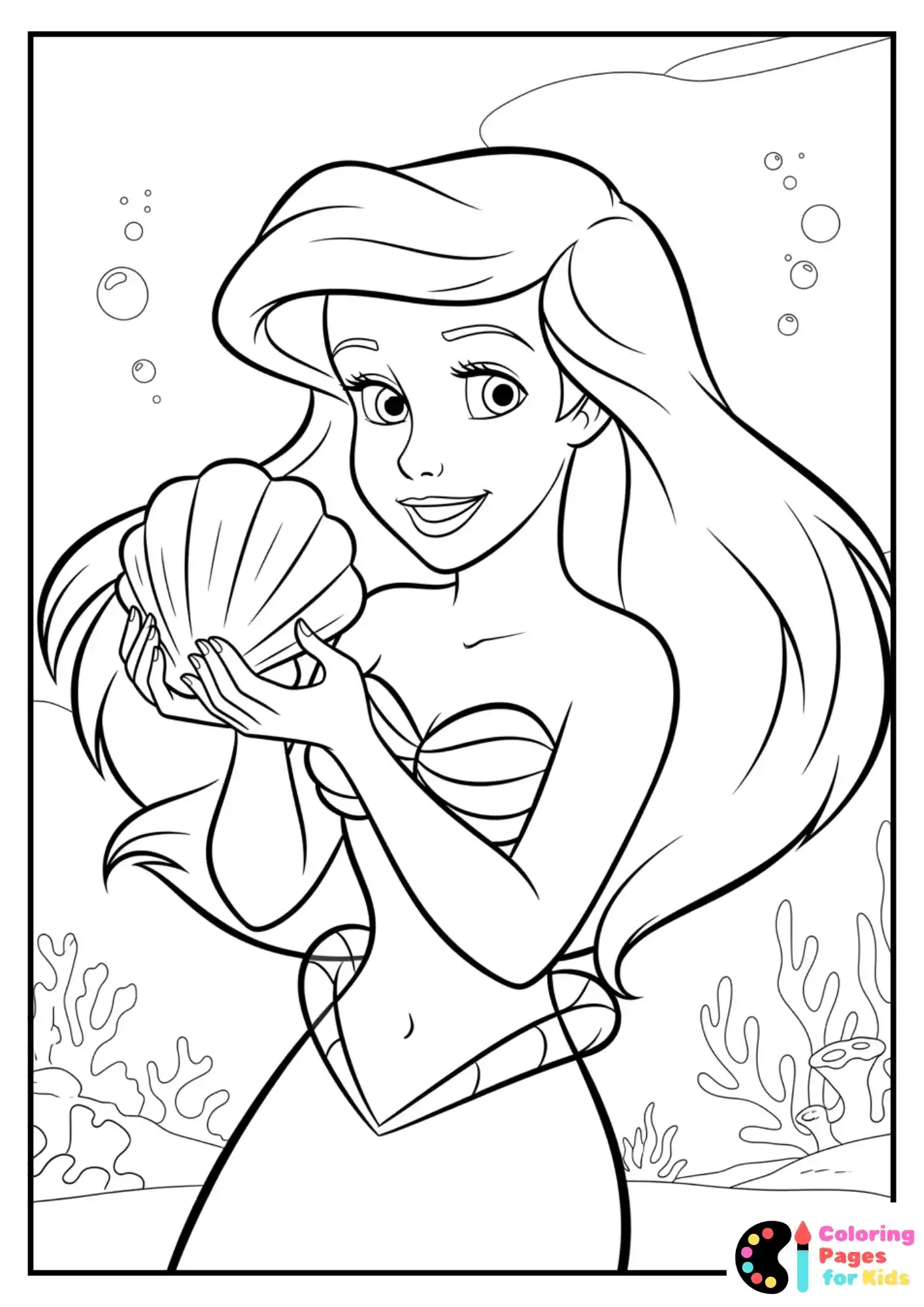 ariel holding seashell coloring sheet