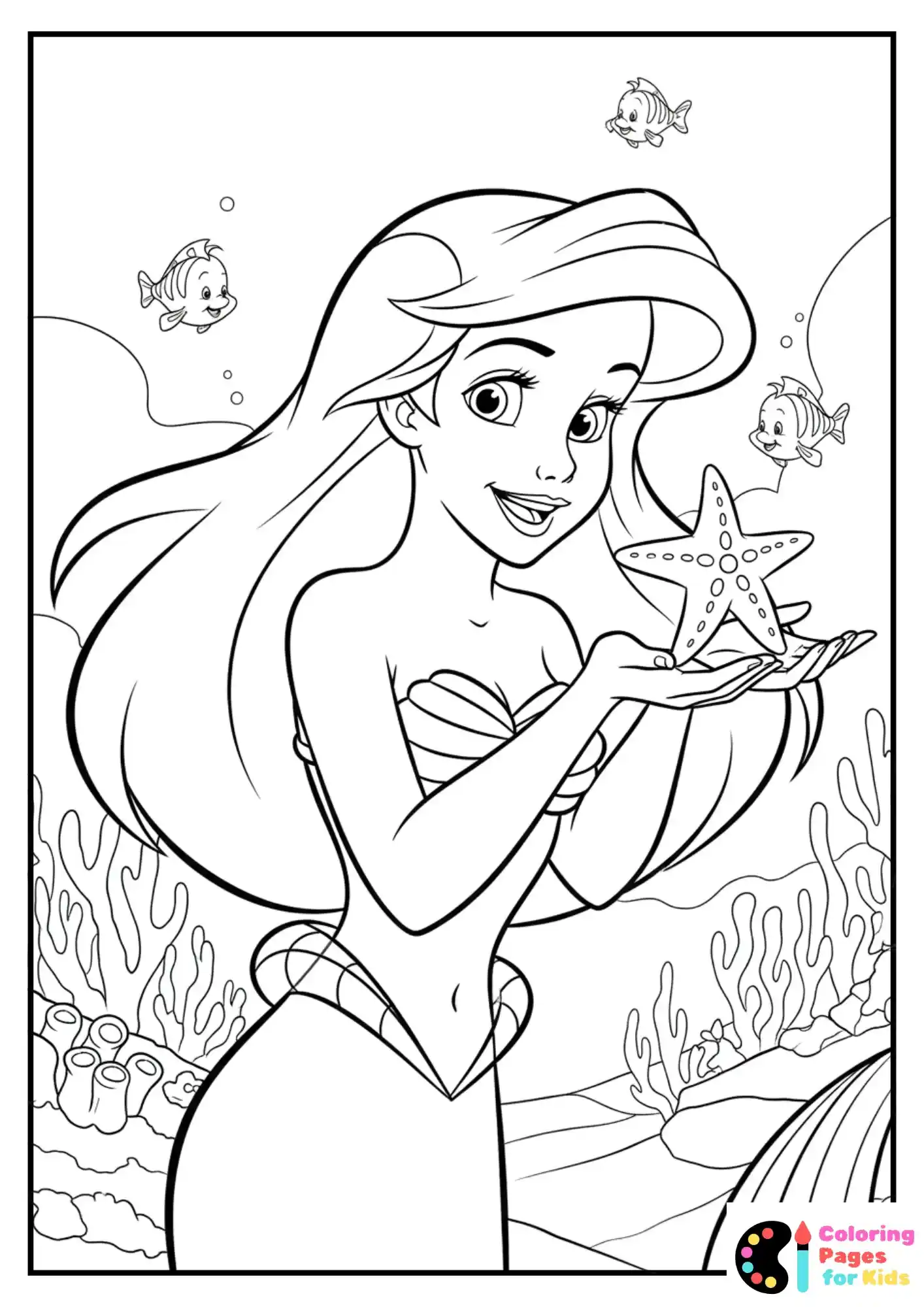 ariel holding starfish coloring page