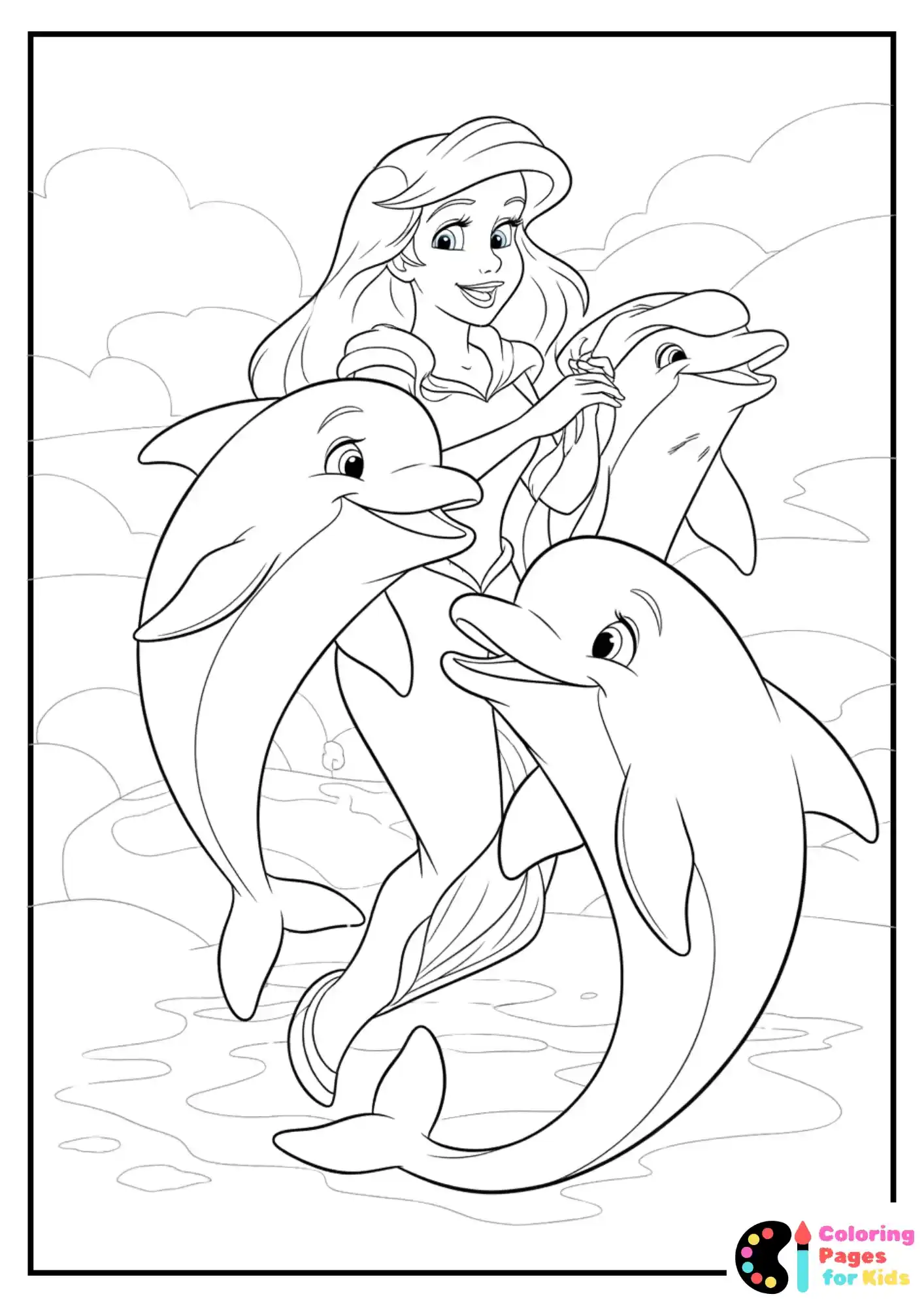 ariel playing with dolphins coloring sheet