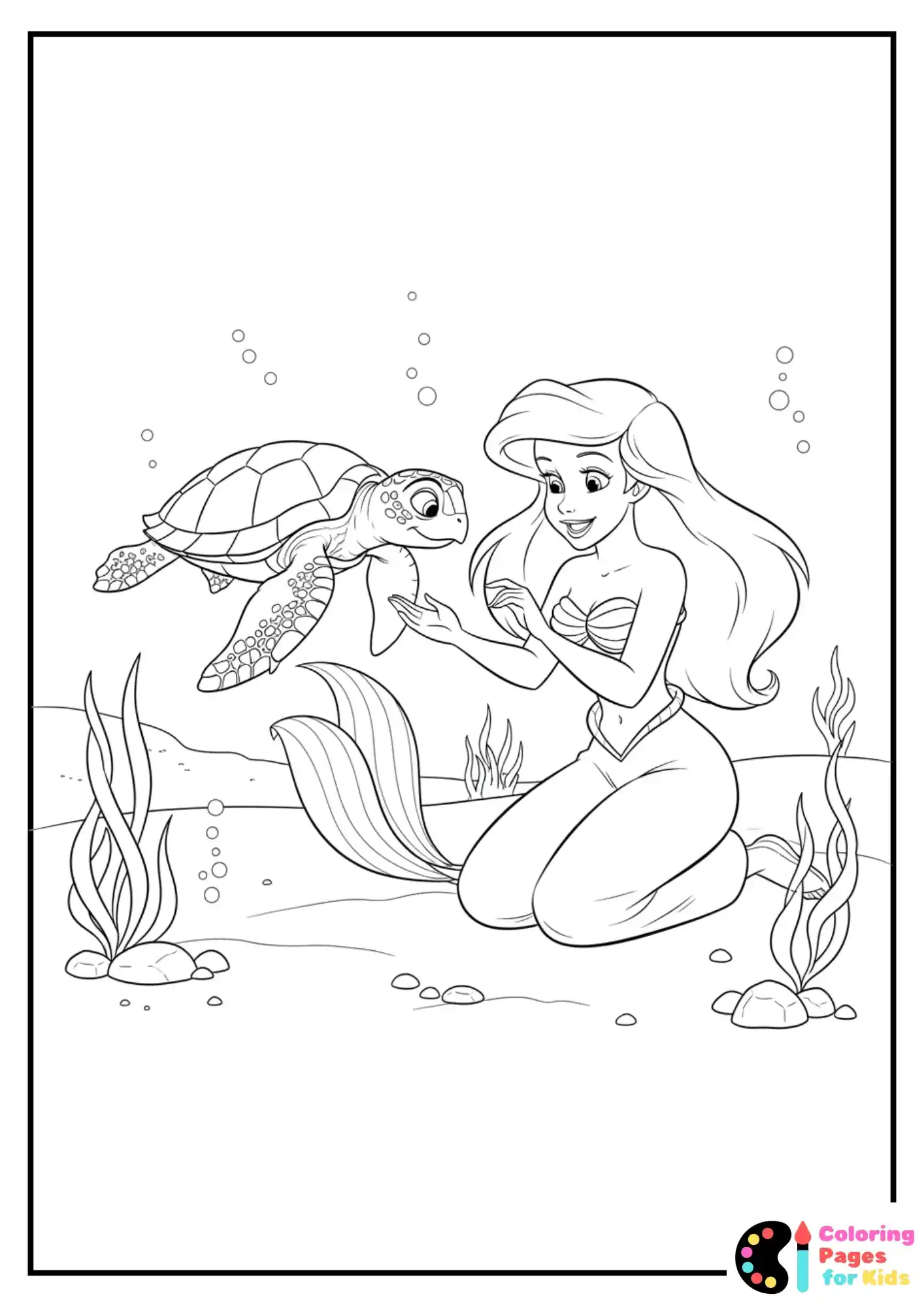 ariel playing with sea turtle coloring sheet