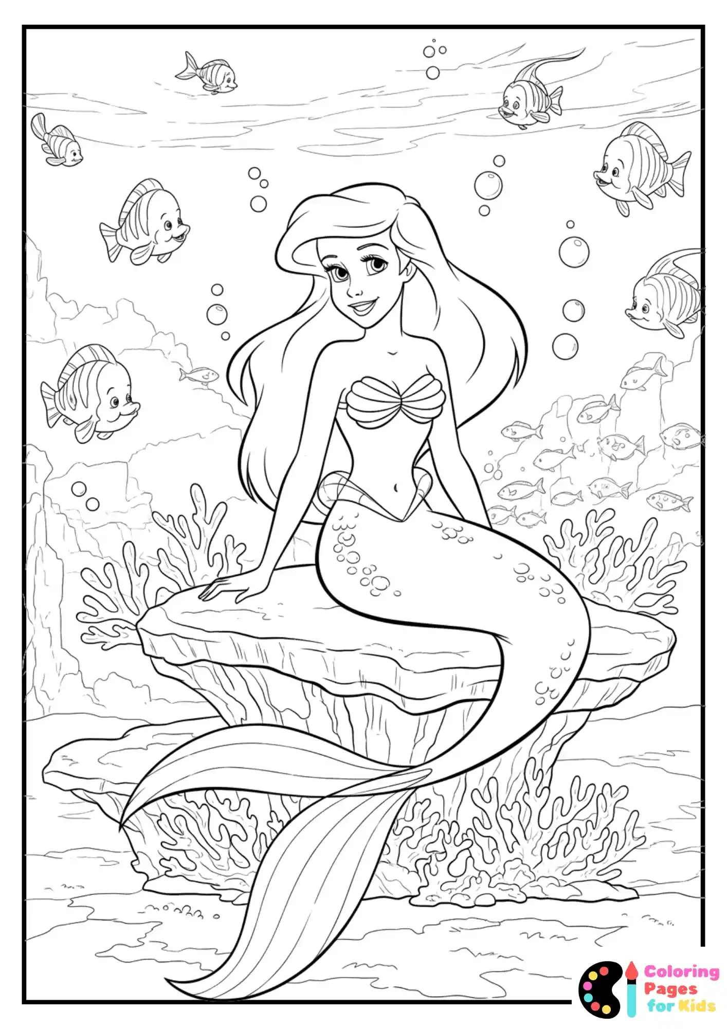 ariel sitting on coral coloring sheet