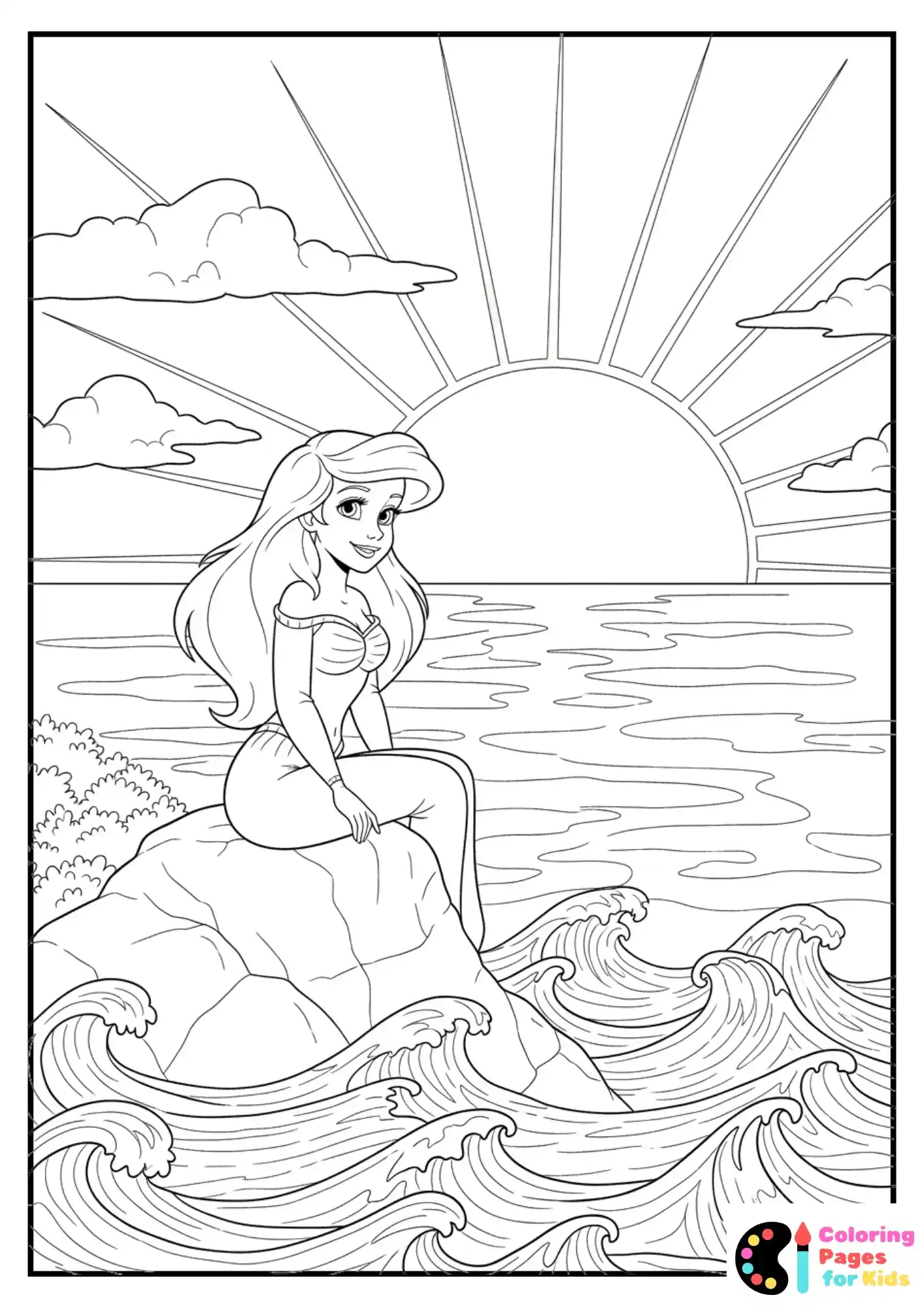 ariel sitting on rock watching sunset coloring sheet