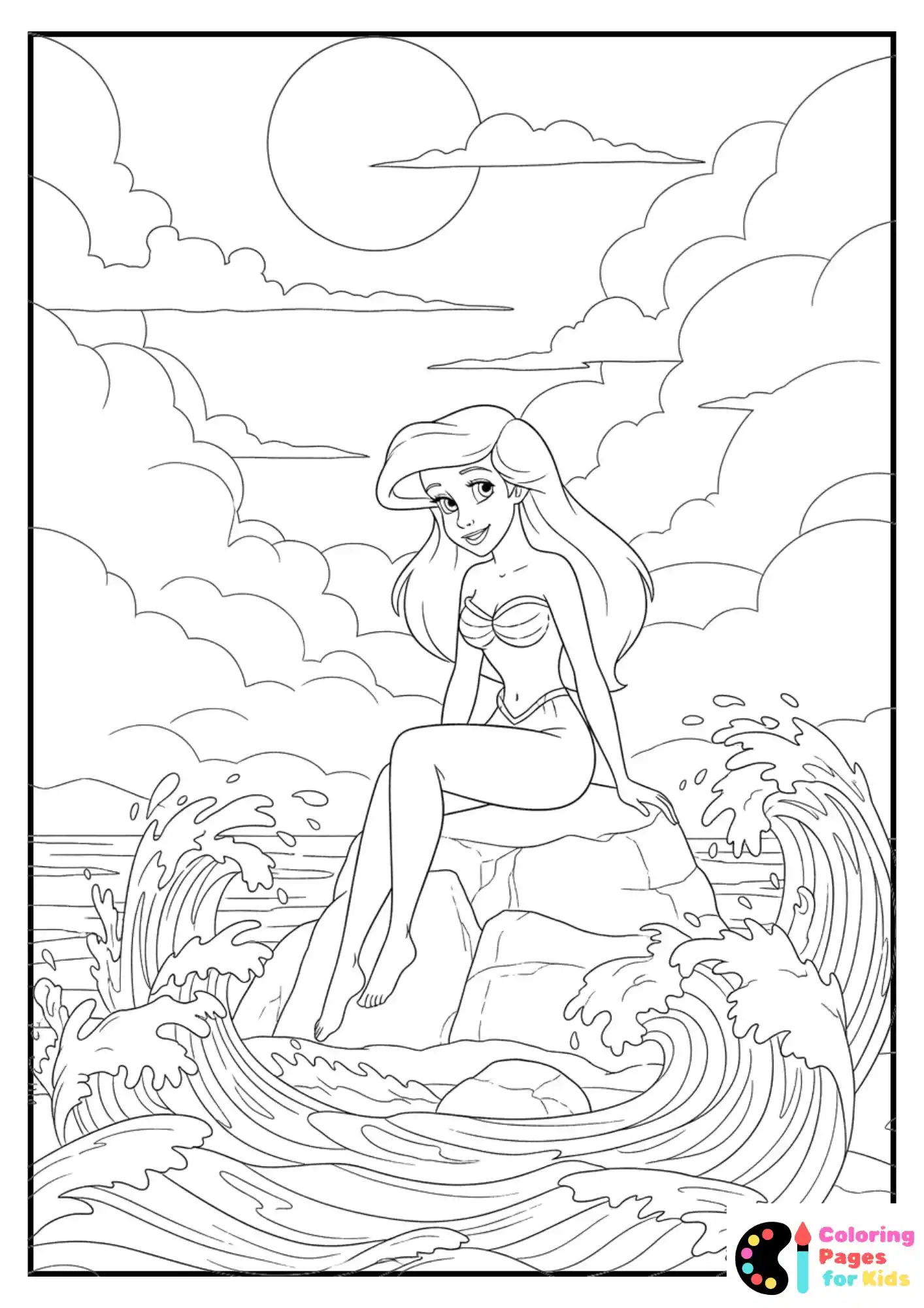 ariel sitting on rock with waves splashing coloring page