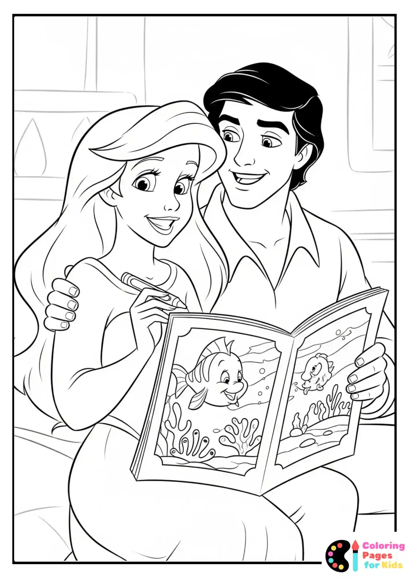 ariel sitting with prince eric coloring page