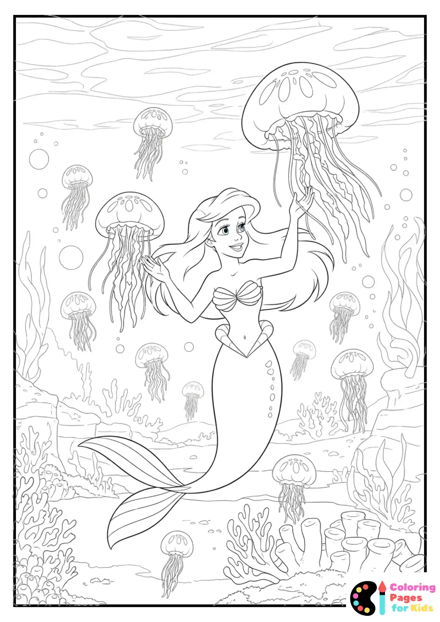 ariel swimming with jellyfish coloring page