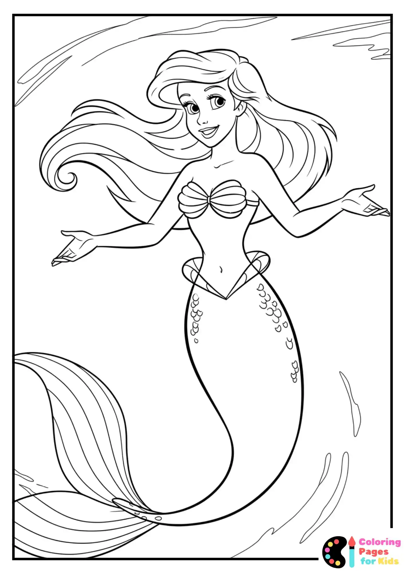 ariel with long flowing hair coloring page
