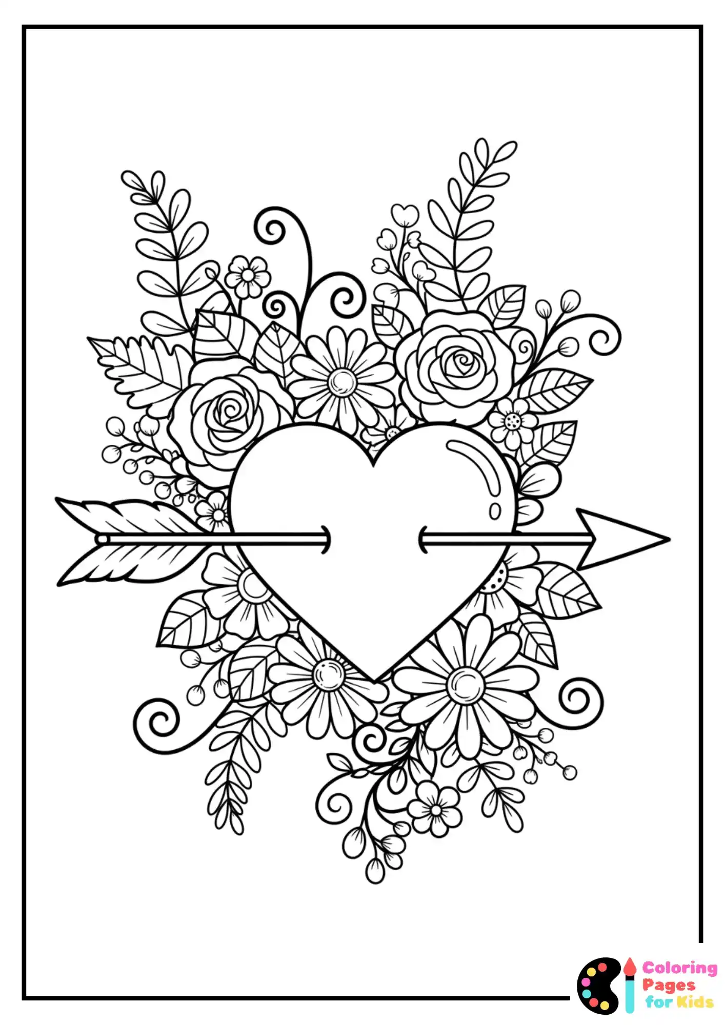 arrow heart with flowers coloring sheet