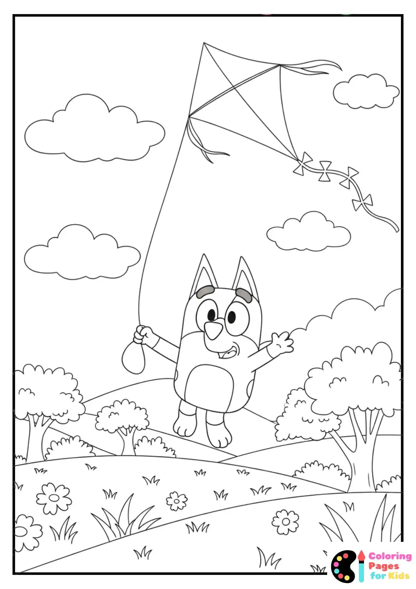 bluey flying a kite coloring sheet
