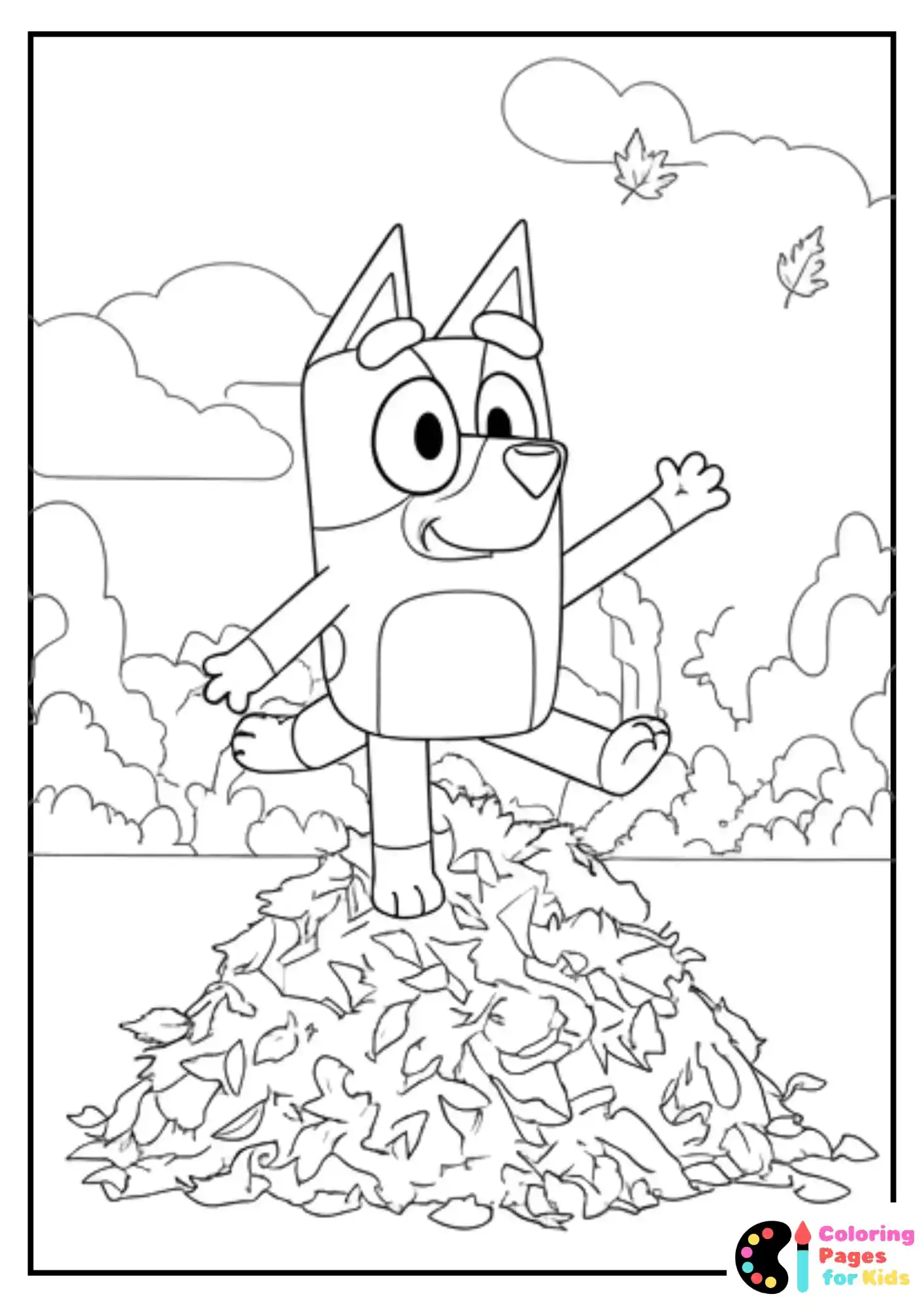 bluey jumping in leaves coloring page