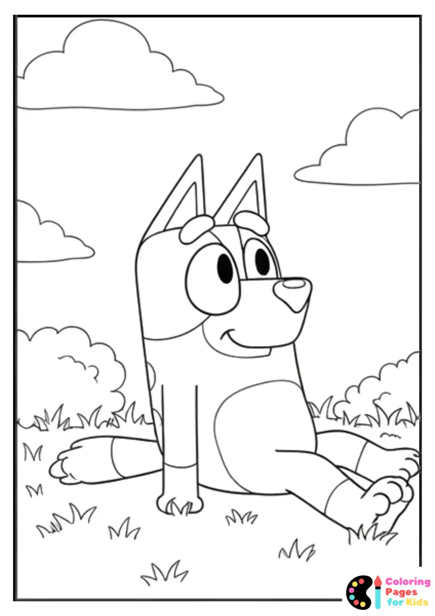 bluey lying on grass coloring page