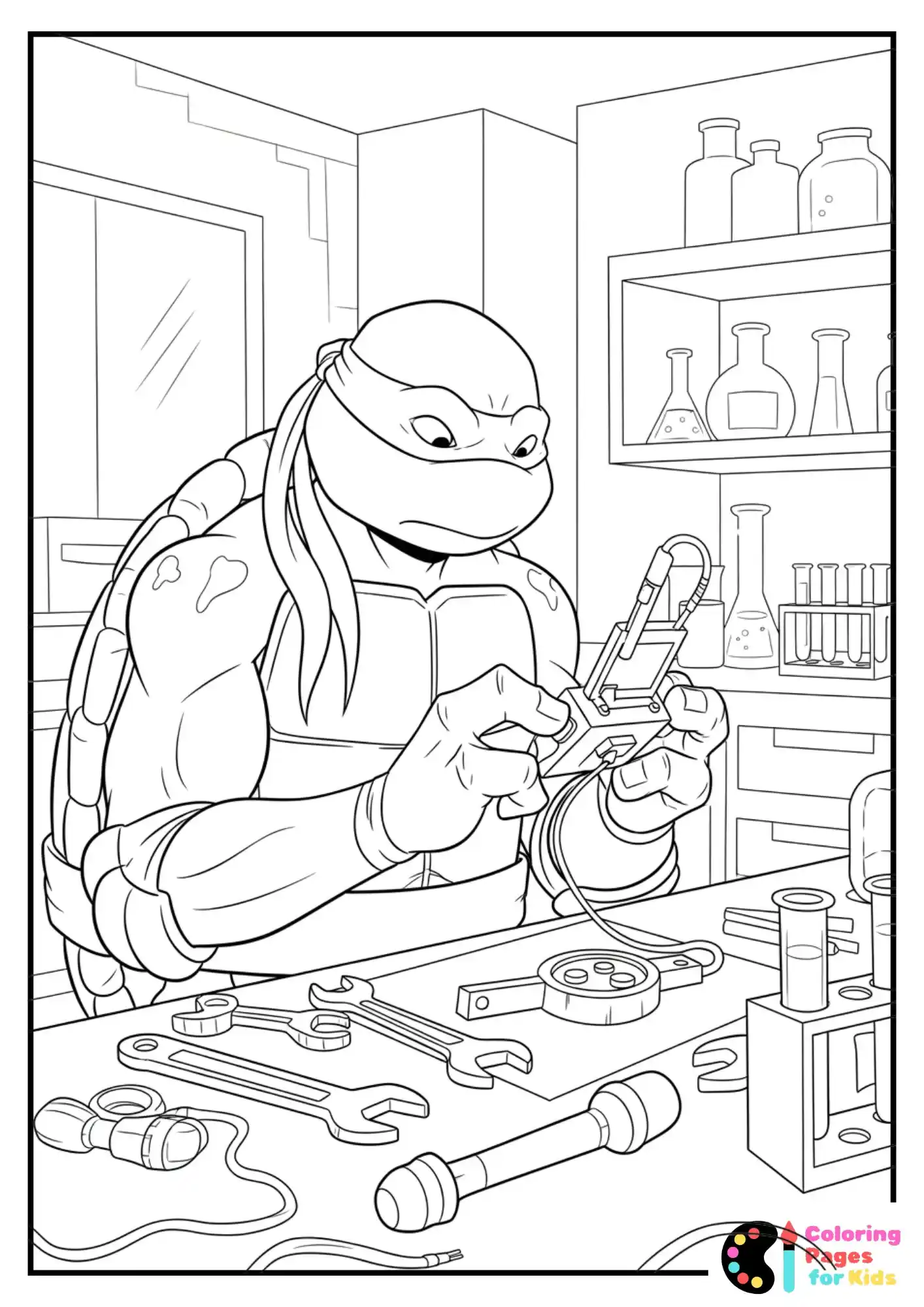 Ninja Turtles Coloring Pages for Kids (Free PDF Printable) 27 donatello working on gadgets coloring page