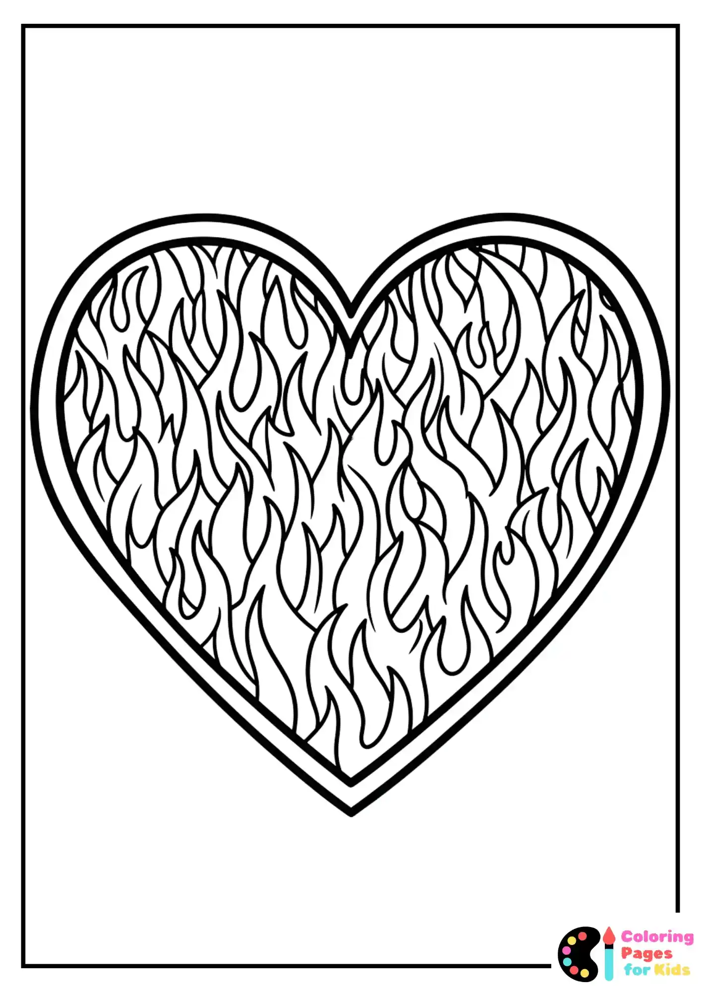flaming fire heart coloring sheet