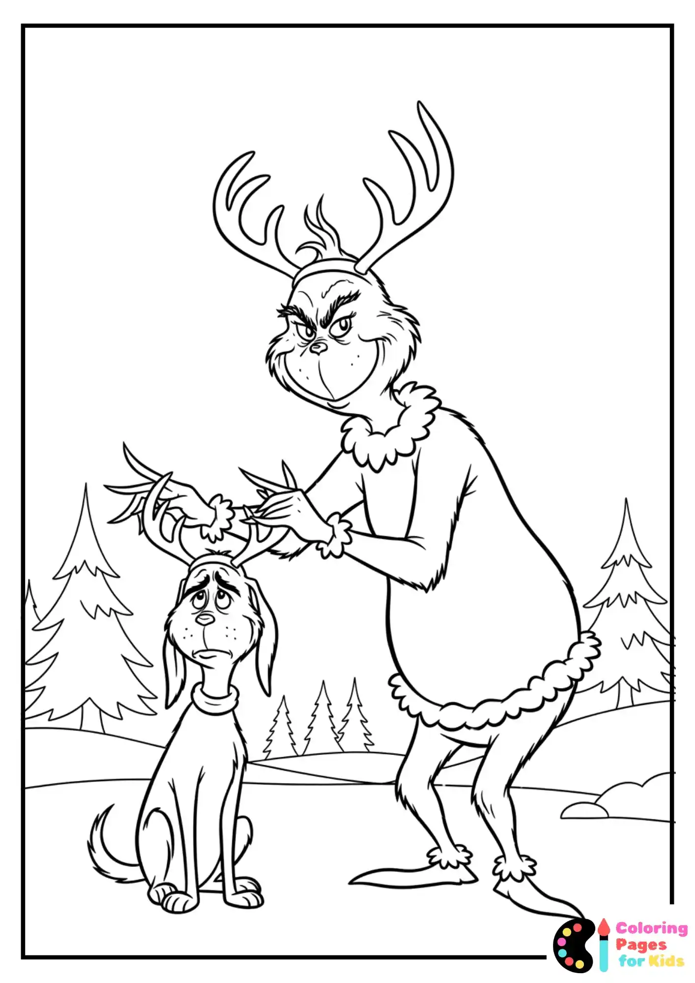 grinch putting antlers on max coloring sheet