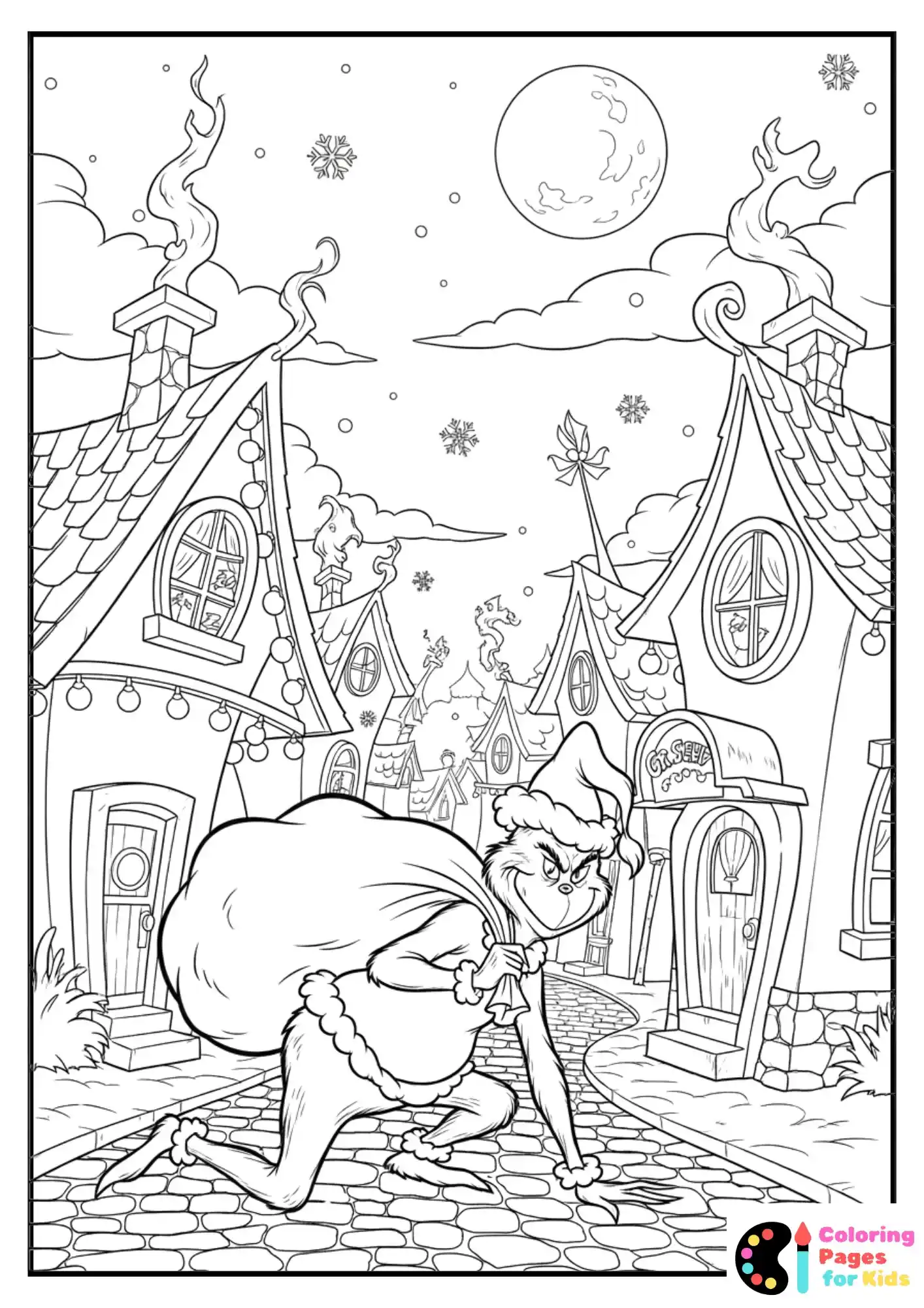 grinch sneaking through whoville coloring page