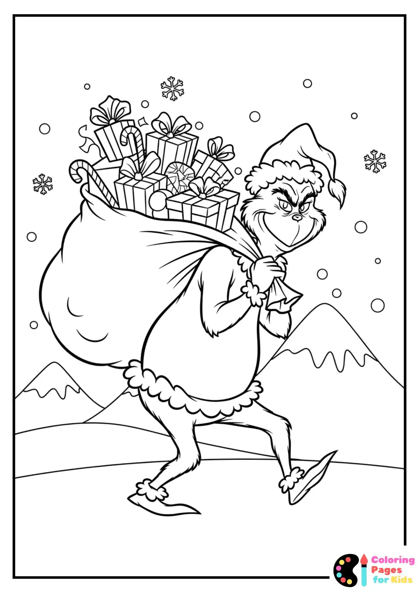 grinch with gift sack coloring sheet