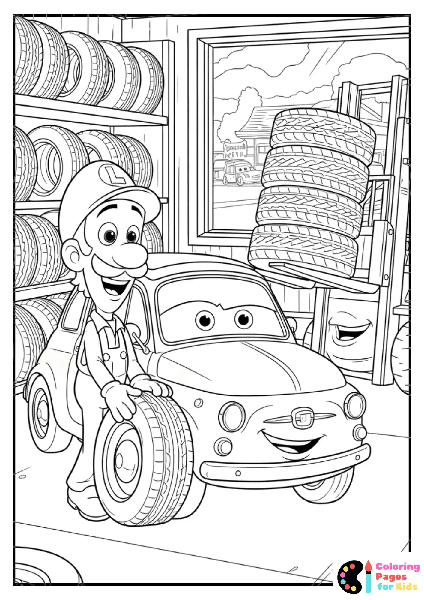 luigi and guido in tire shop coloring page