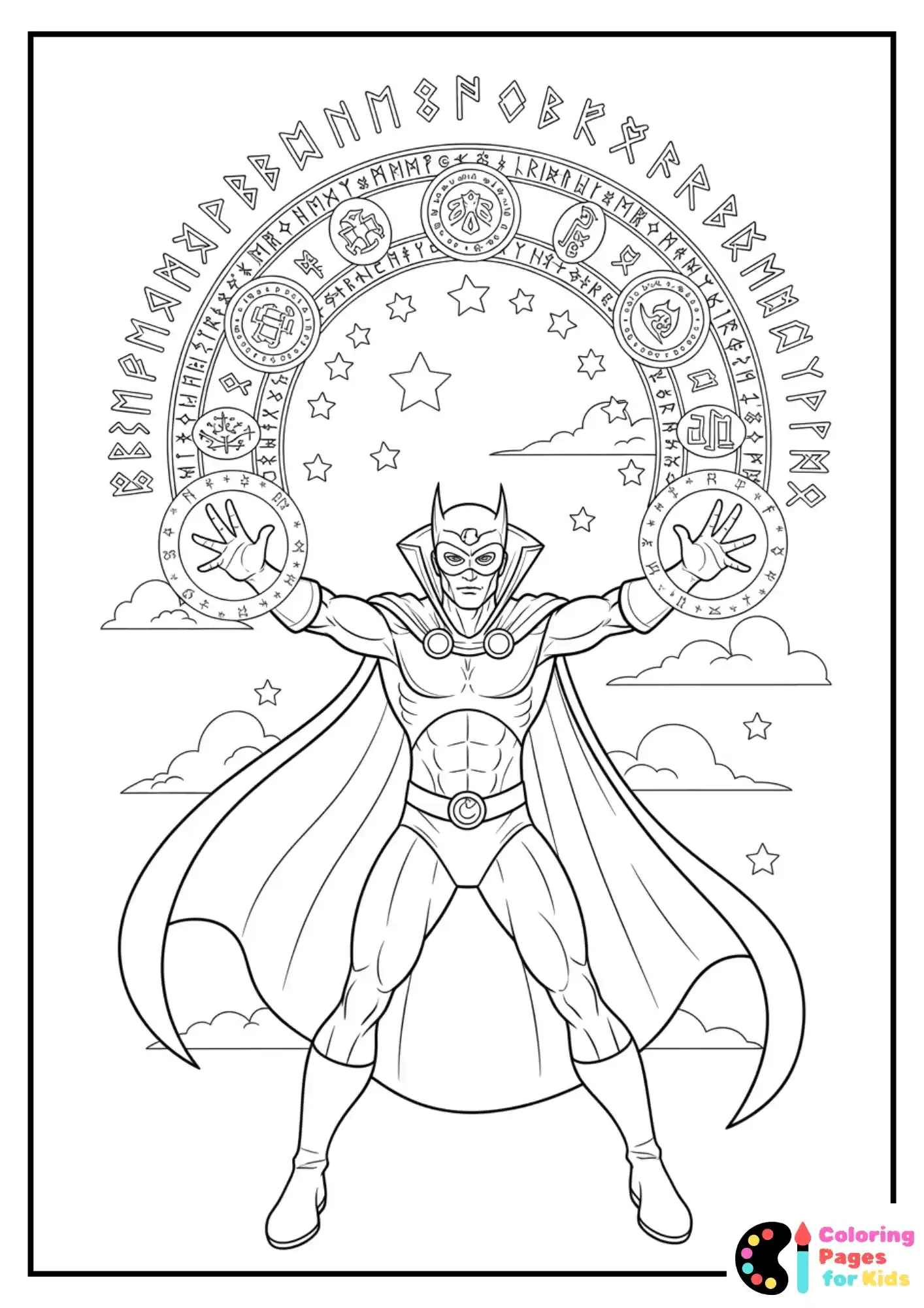 magical superhero casting spell coloring page