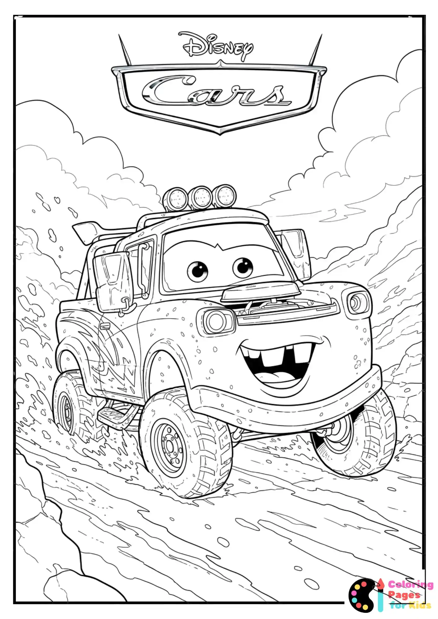 mater driving through mud coloring page
