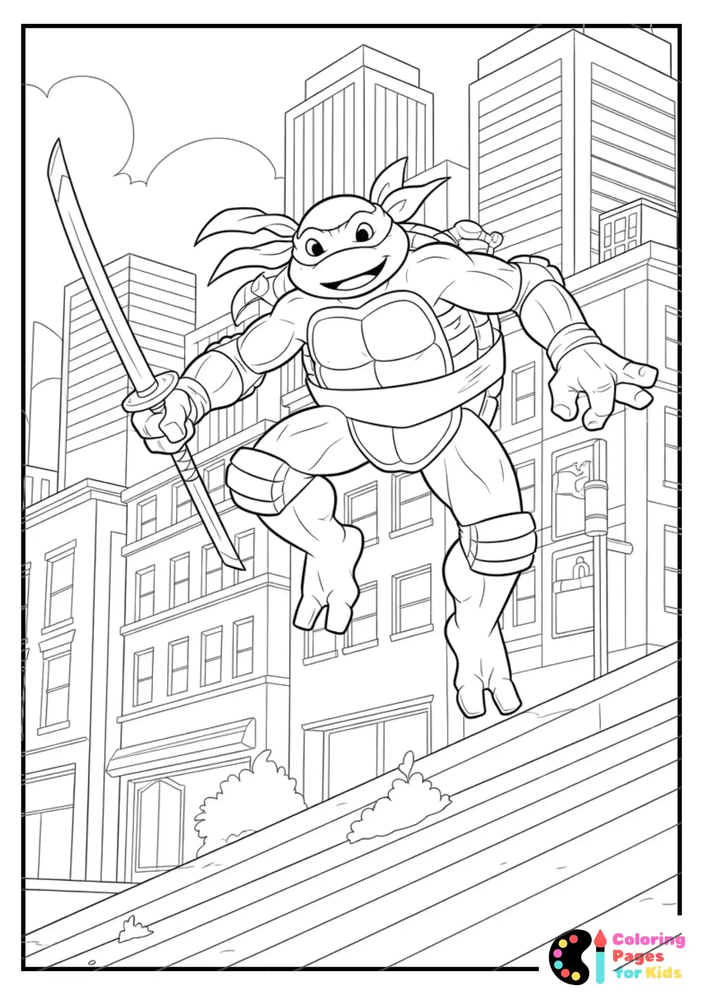 Ninja Turtles Coloring Pages for Kids (Free PDF Printable) 19 michelangelo jumping over buildings coloring page