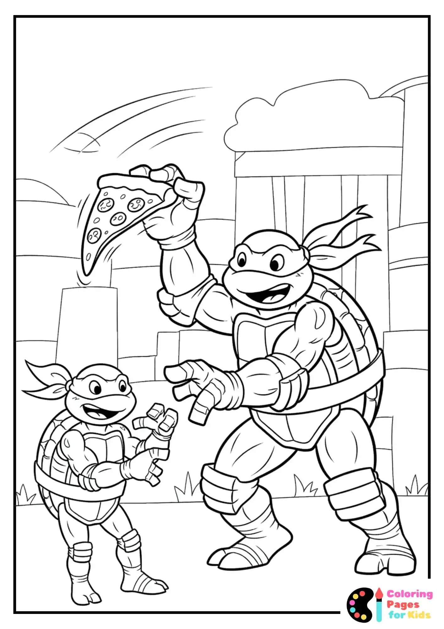 Ninja Turtles Coloring Pages for Kids (Free PDF Printable) 17 michelangelo throwing pizza slice coloring page