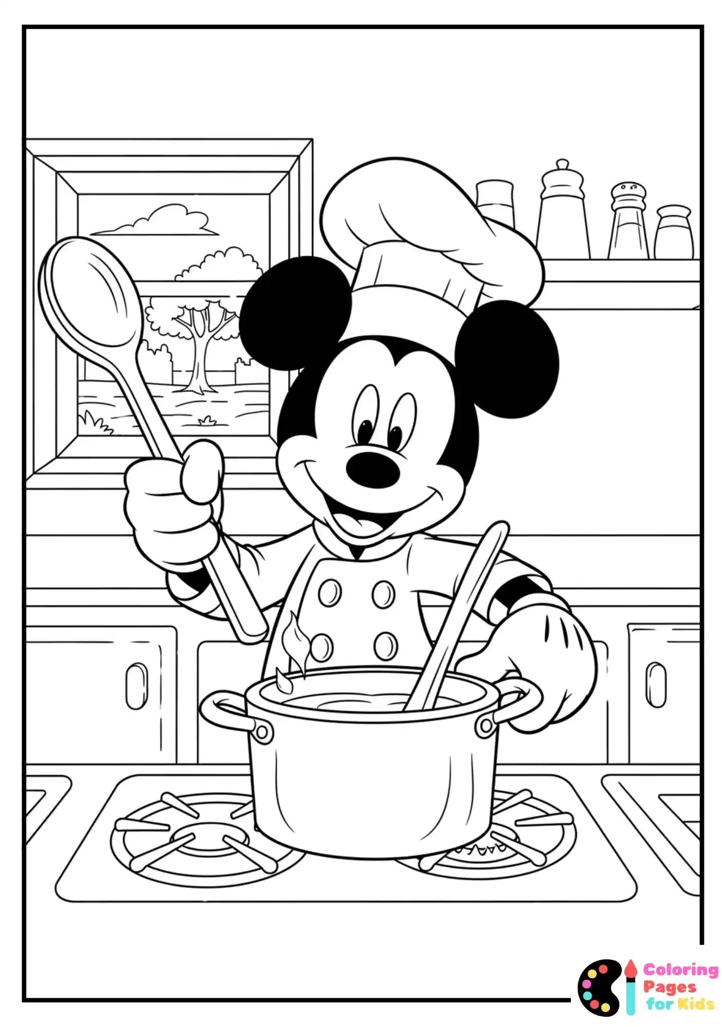 mickey mouse chef cooking coloring page