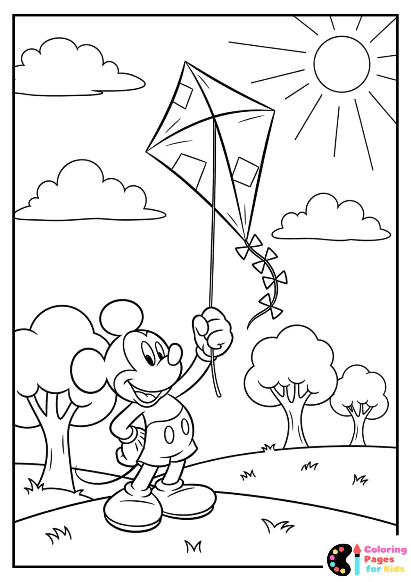 mickey mouse flying kite coloring page