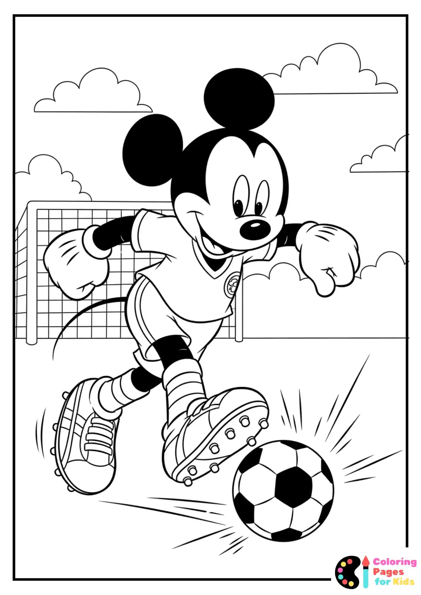 mickey mouse playing soccer coloring page