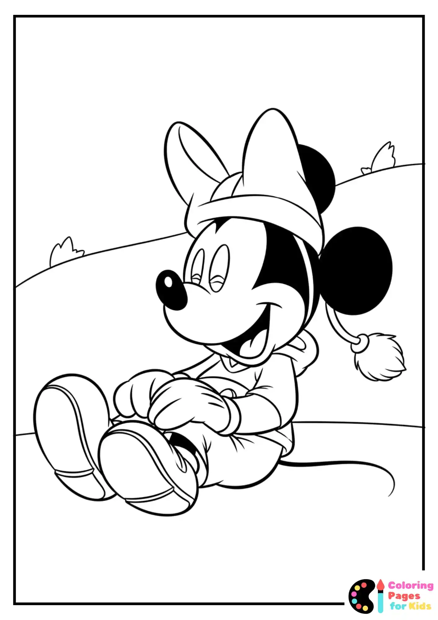 mickey mouse sitting and laughing coloring page