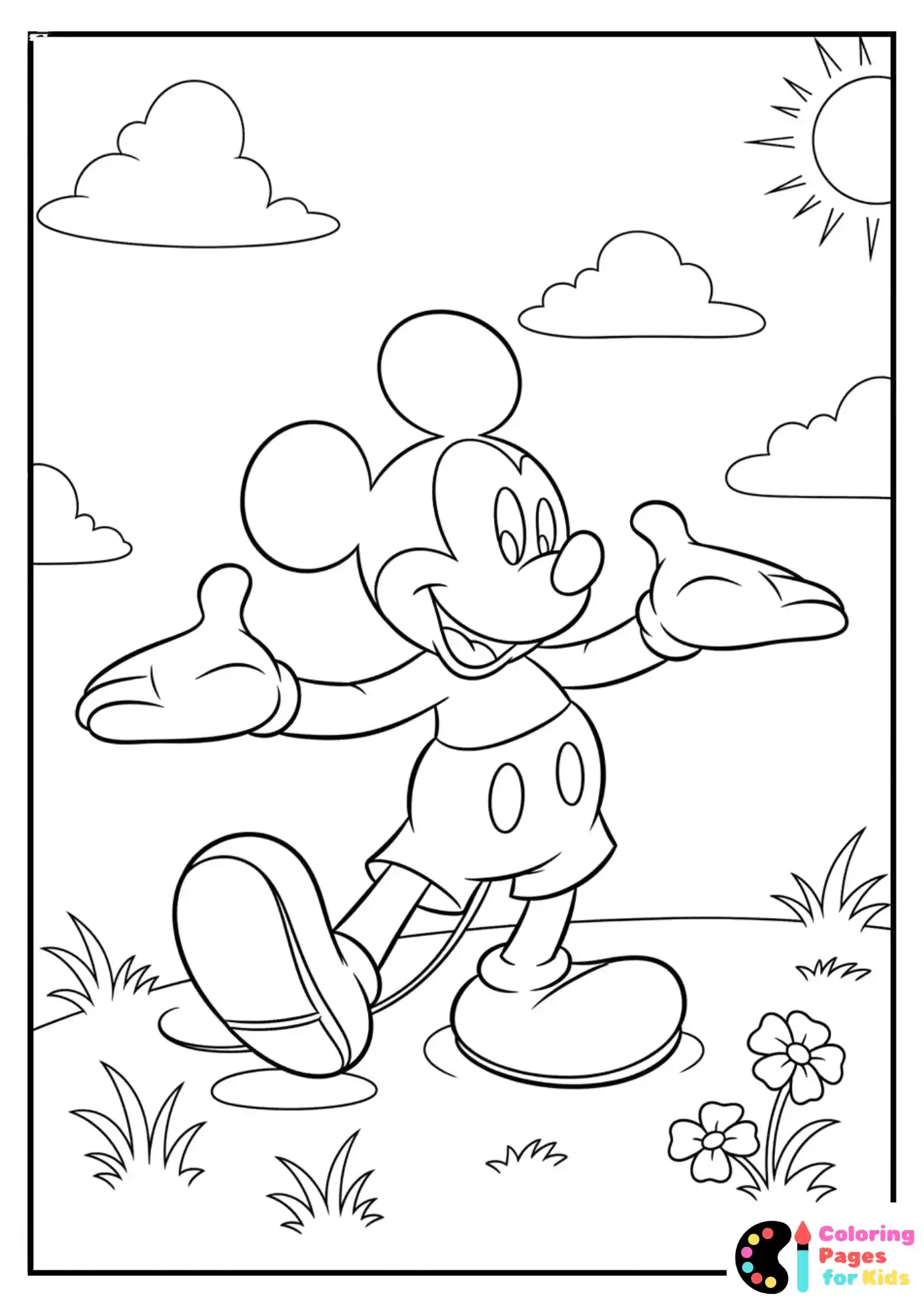 mickey mouse walking happily coloring page