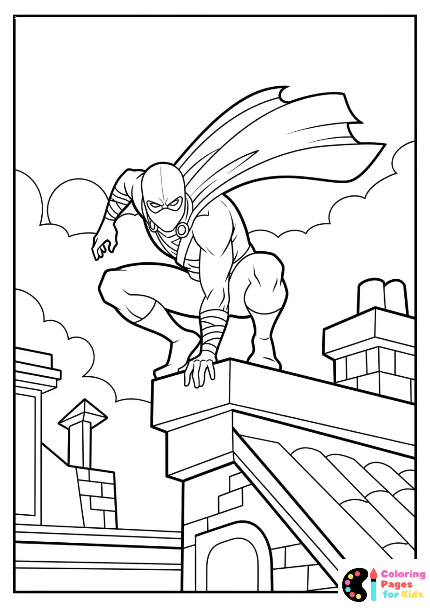 ninja superhero on rooftop coloring page
