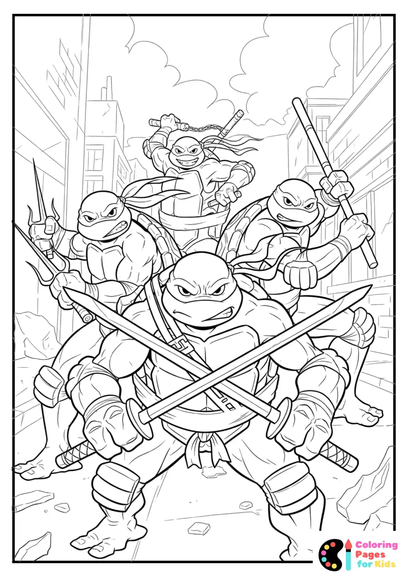 Ninja Turtles Coloring Pages for Kids (Free PDF Printable) 15 ninja turtles in battle stance coloring page