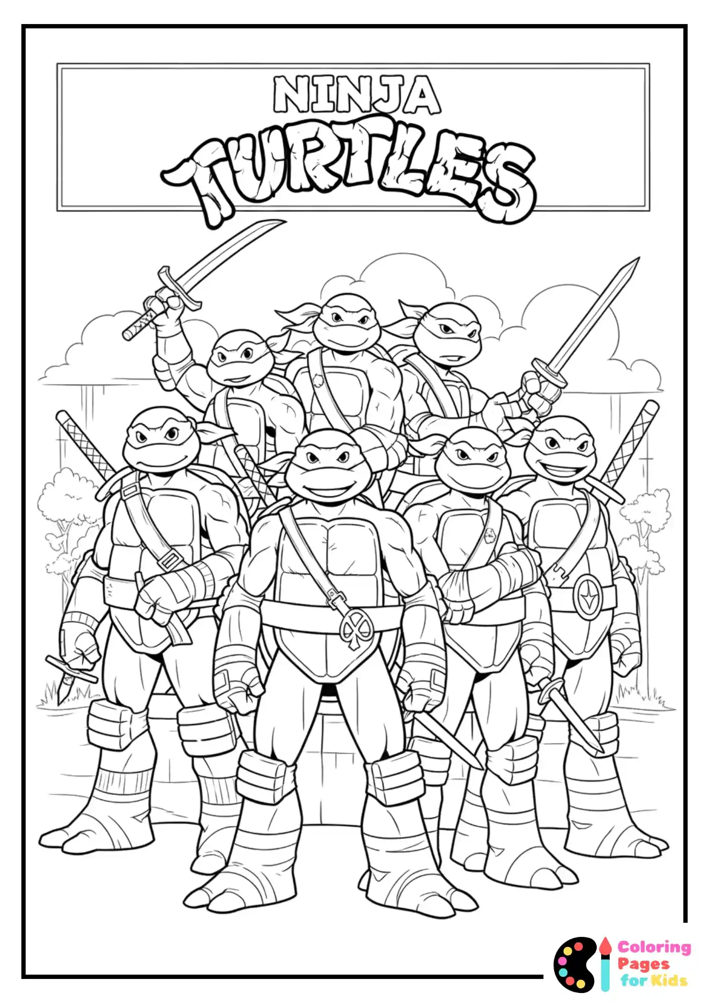 Ninja Turtles Coloring Pages for Kids (Free PDF Printable) 14 ninja turtles team standing together coloring page