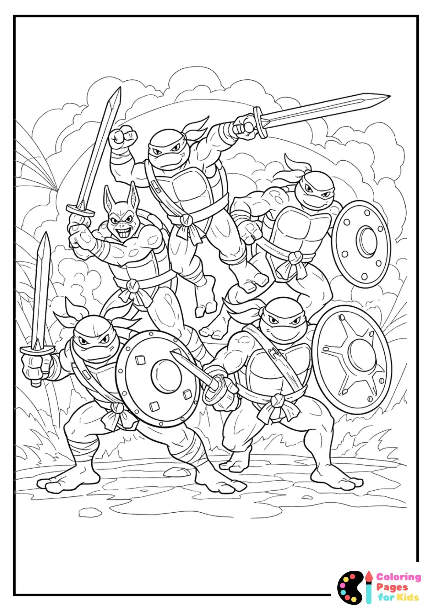 Ninja Turtles Coloring Pages for Kids (Free PDF Printable) 8 raphael, donatello, michelangelo, and leonardo charging at enemy