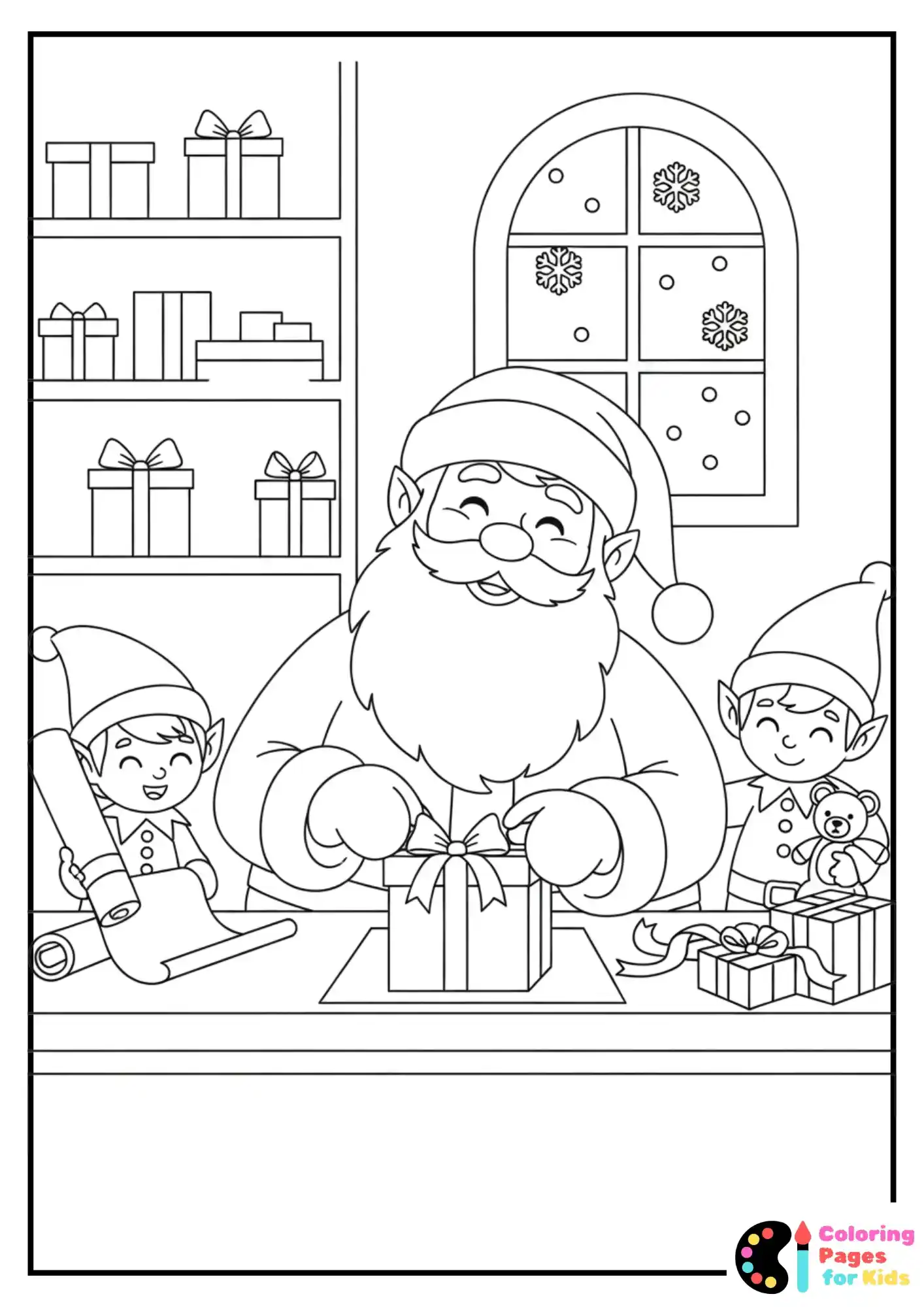 santa and elves wrapping gifts