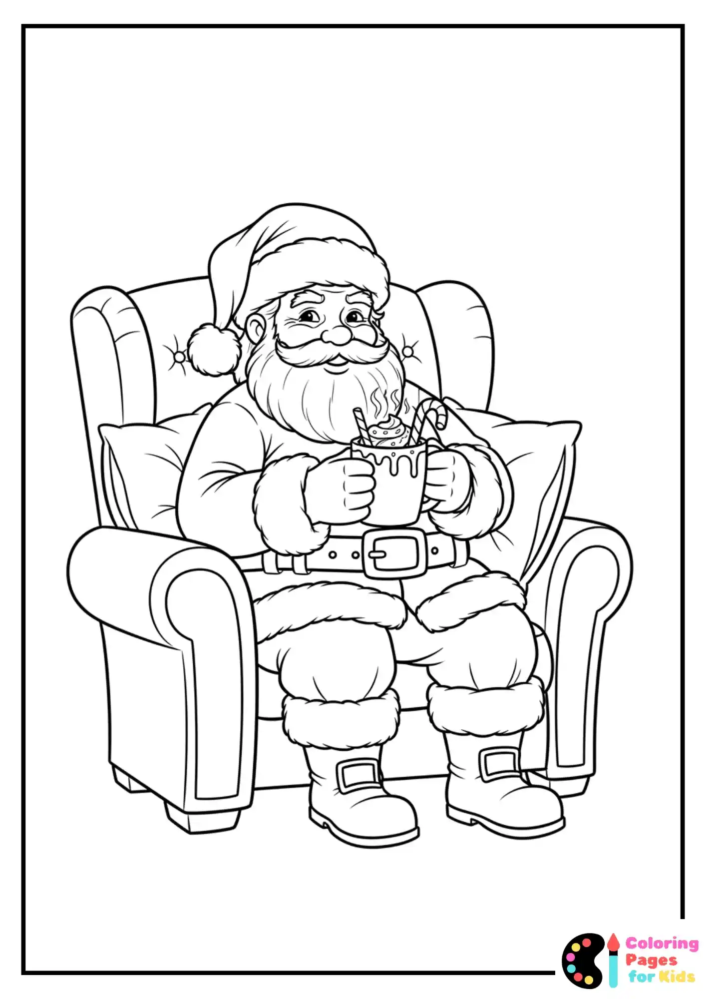 santa drinking hot cocoa coloring page