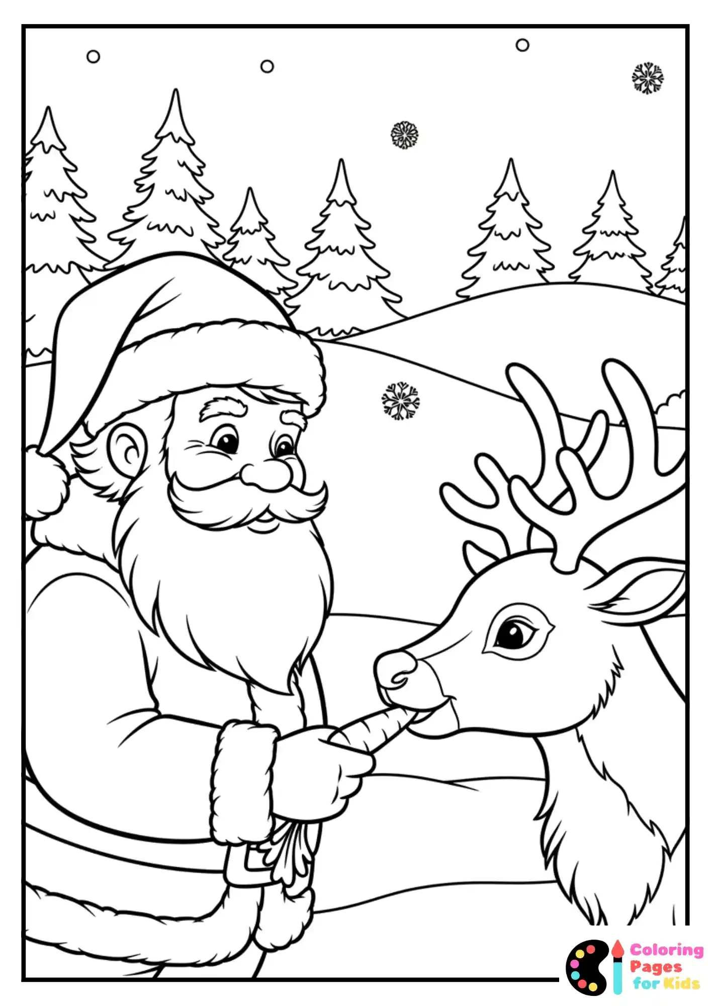 santa feeding reindeer coloring page